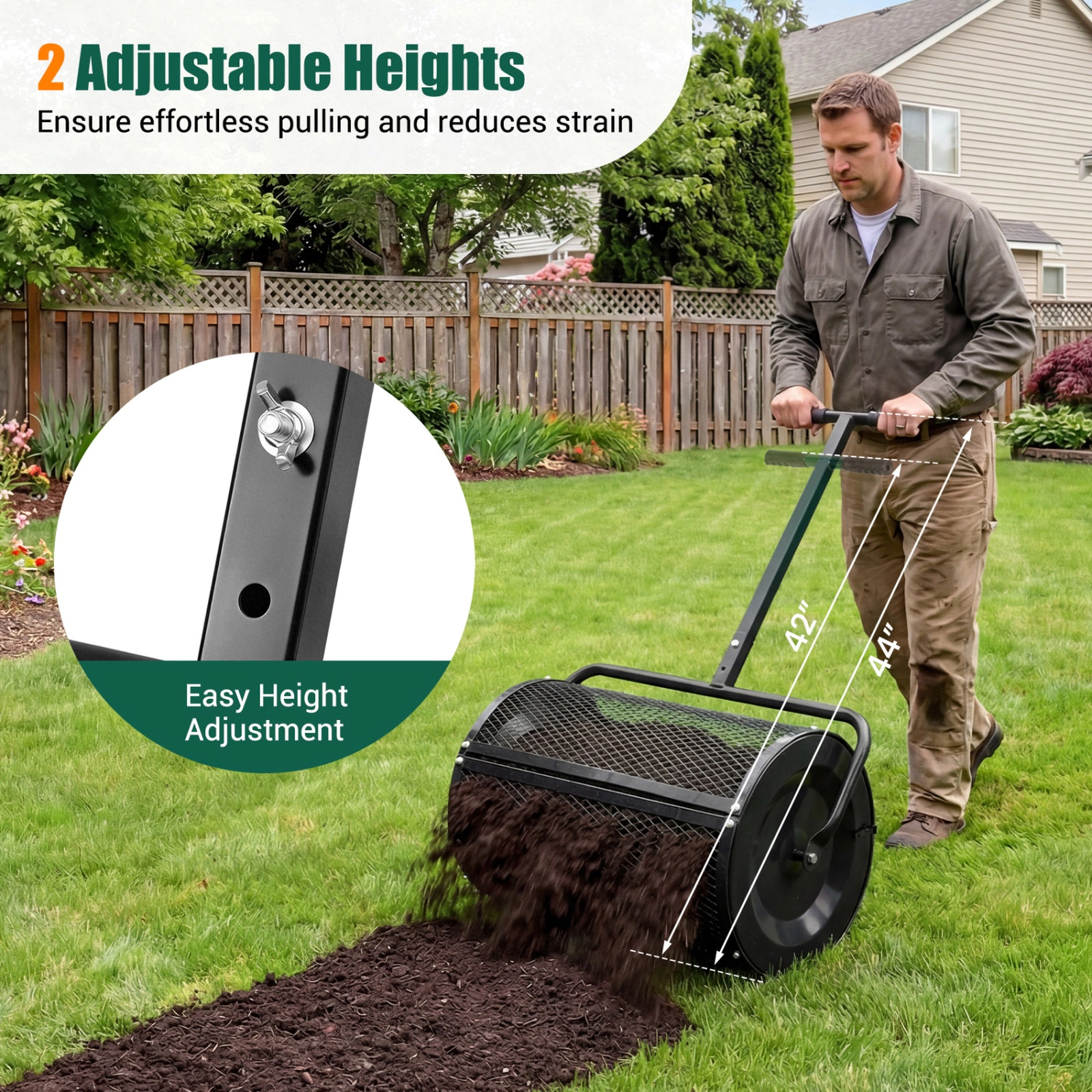 SUGIFT 24-in 2.7-cu ft Compost Spreader Peat Moss Roller with Height Adjustable T-Shape Handle
