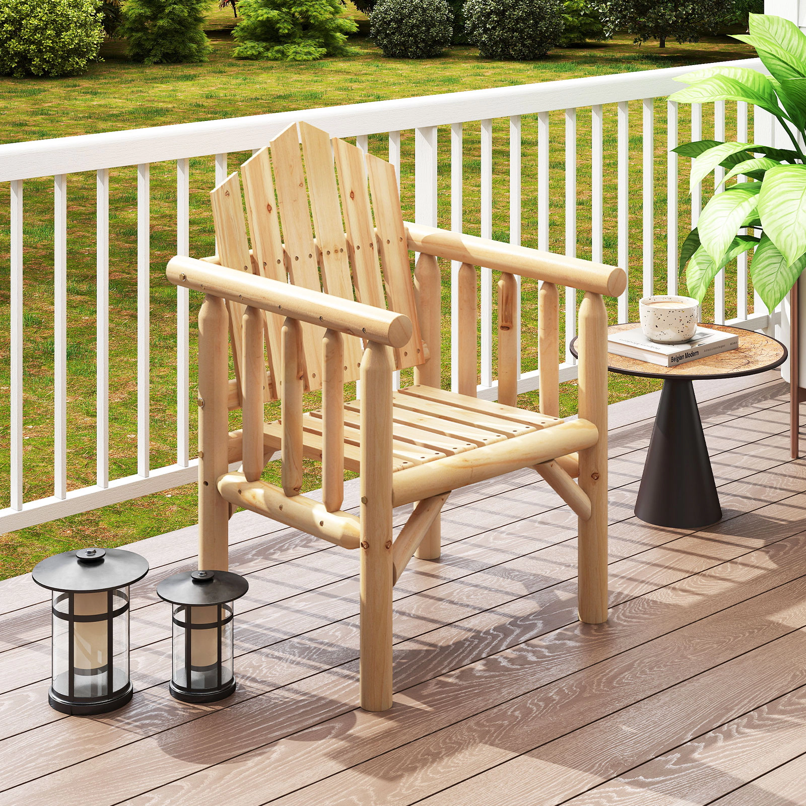 SUGIFT Natural Wood Outdoor Dining Chair with Arms, Reclined High Back, 330-lb Capacity