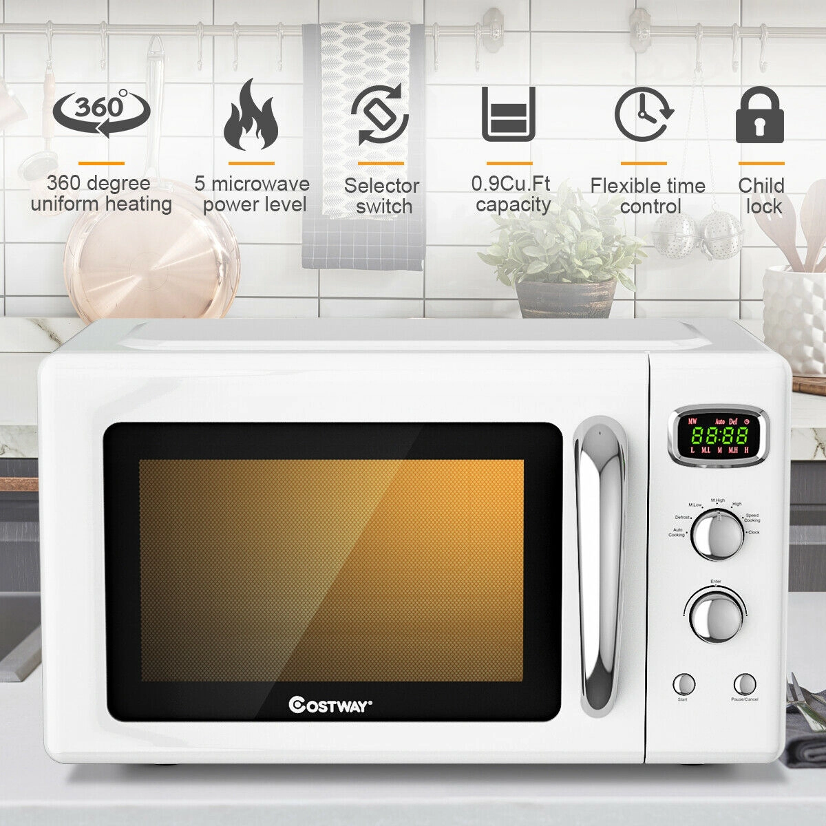 SUGIFT 900W Retro Compact Countertop Microwave Oven 0.9-cu ft Capacity 5 Power Levels 19.5 x 14 x 11-in White