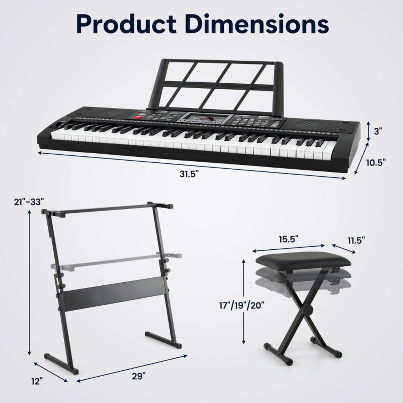 SUGIFT 61-Key Lighted Keyboard Piano with Stand and Padded Stool 31.5-in Keyboard for Beginners Black and White