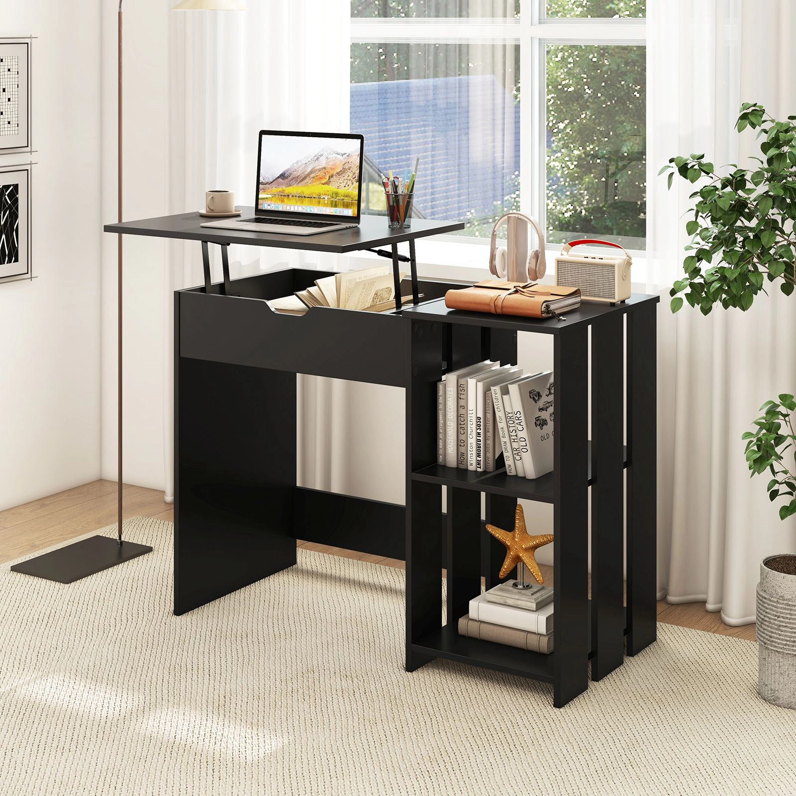 SlickBlue Black Lift Top Writing Desk with Upper & Lower Shelves