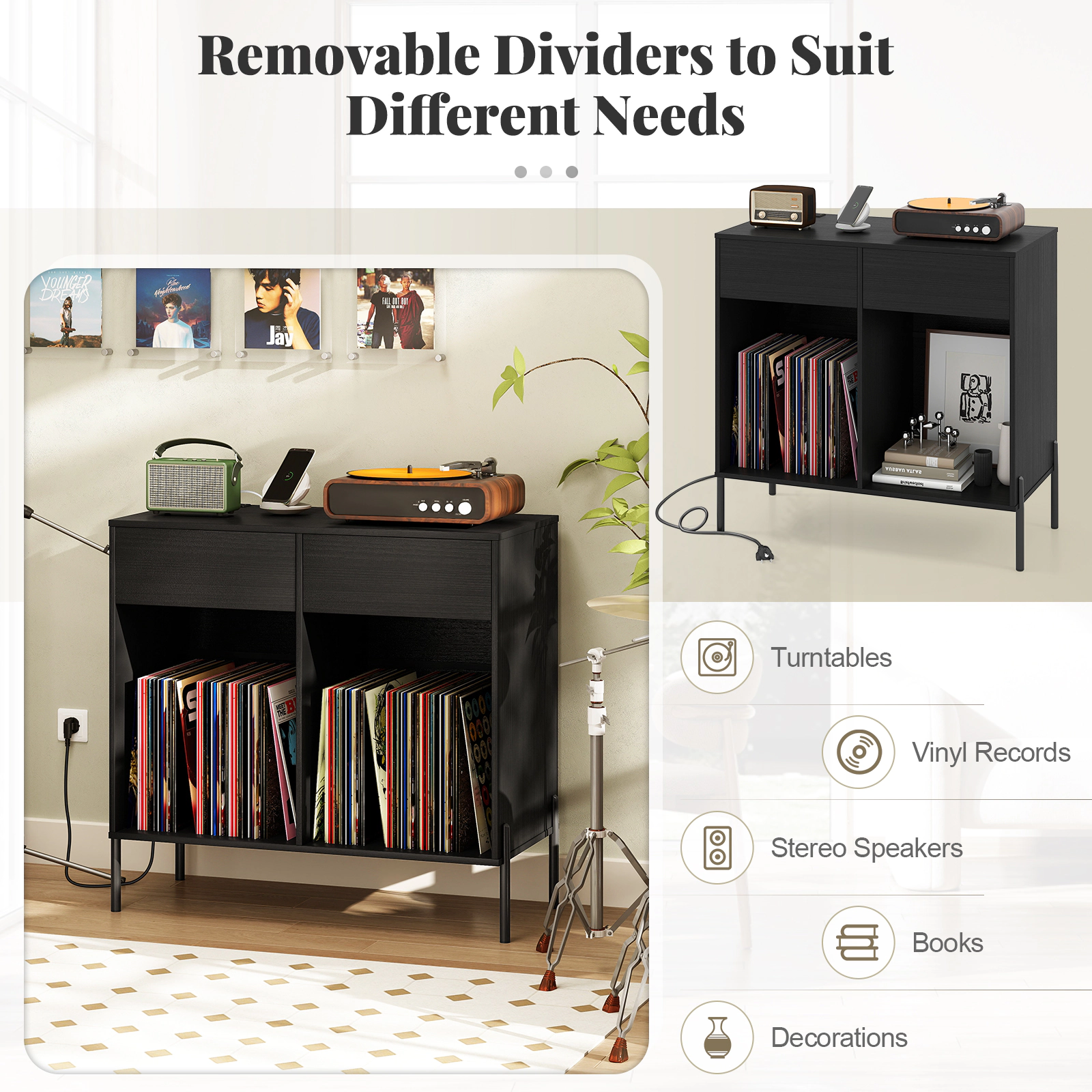 SUGIFT Record Player Stand Power Outlets Double Wide Turntable Stand Vinyl Record Storage Accent Cabinet 220-lb Capacity