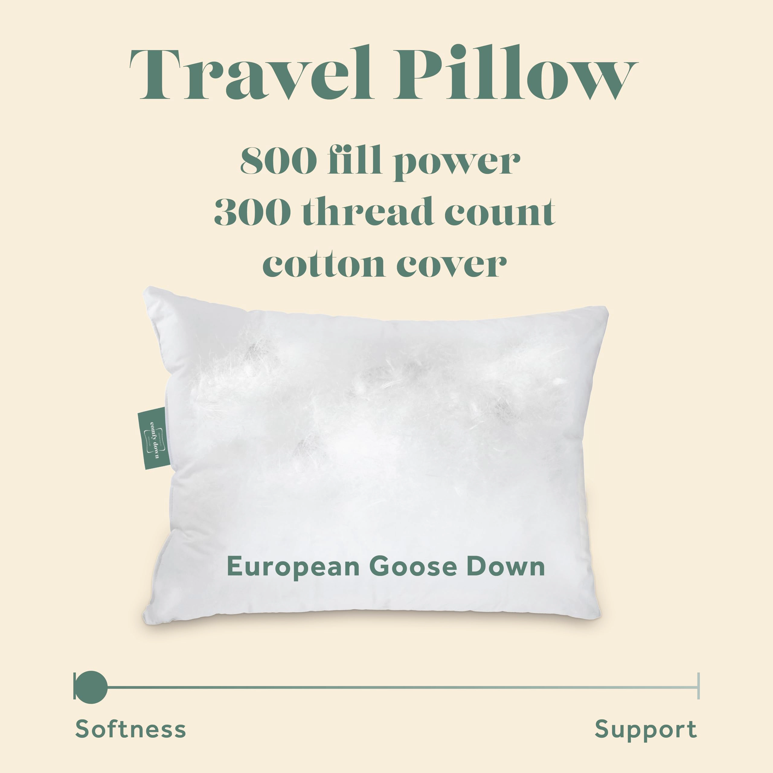 ComfyDown Drift 800 Fill Power Down Travel Pillow, 400 Thread Count, 12 x 16 in, Medium
