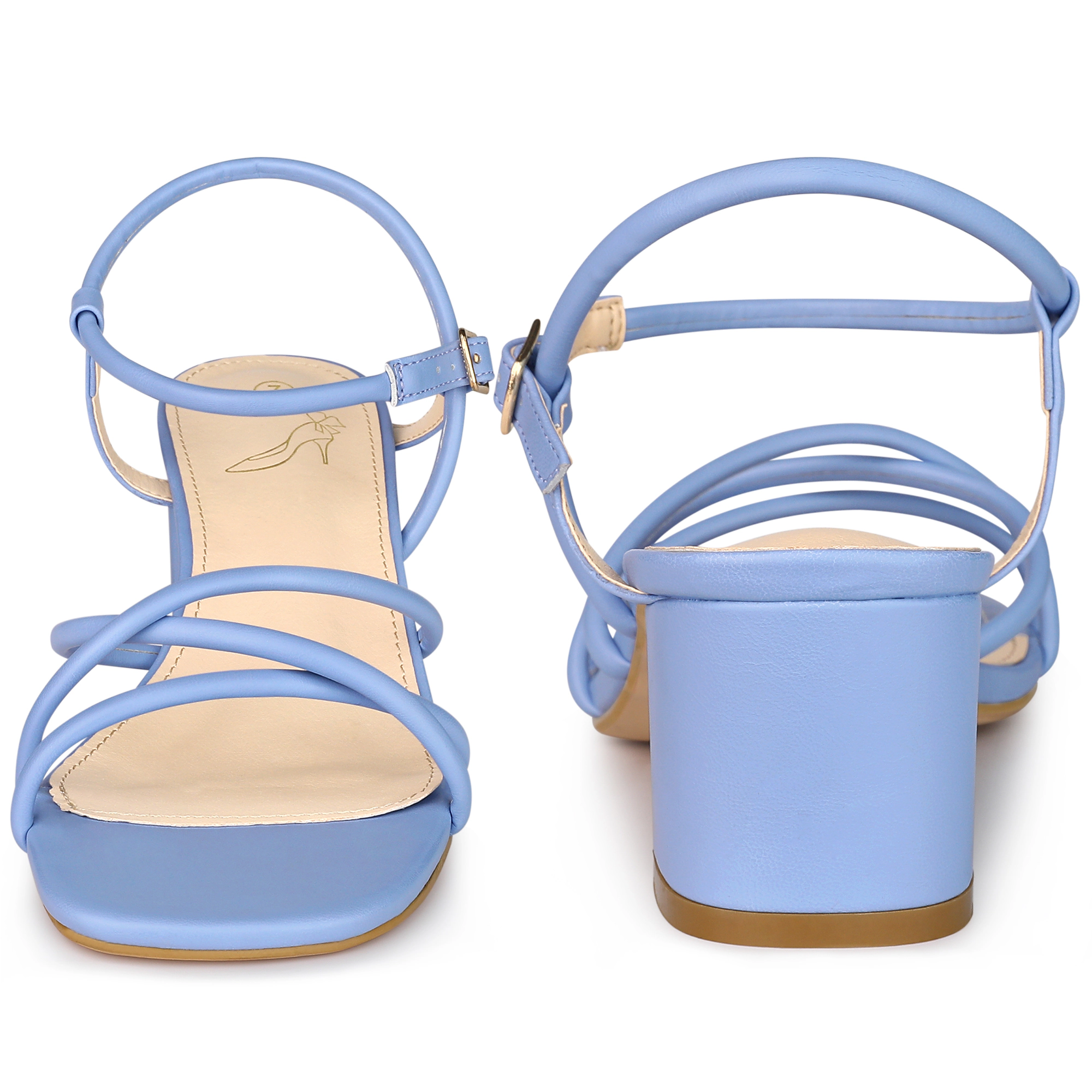 BLISSFUL STEP Women Faux Leather Strappy Square Toe Slingback Chunky Heel Sandals