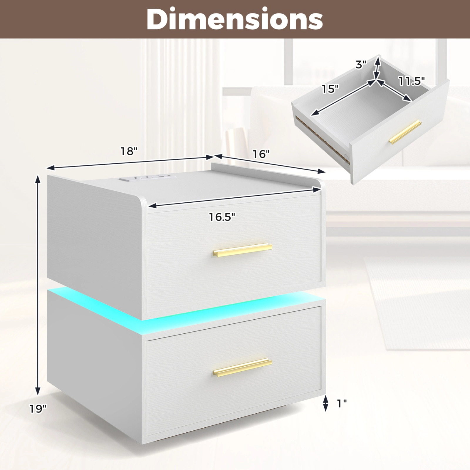 SUGIFT Adjustable RGB LED Light Strip Nightstand with Charging Station 77-lb Tabletop Capacity White