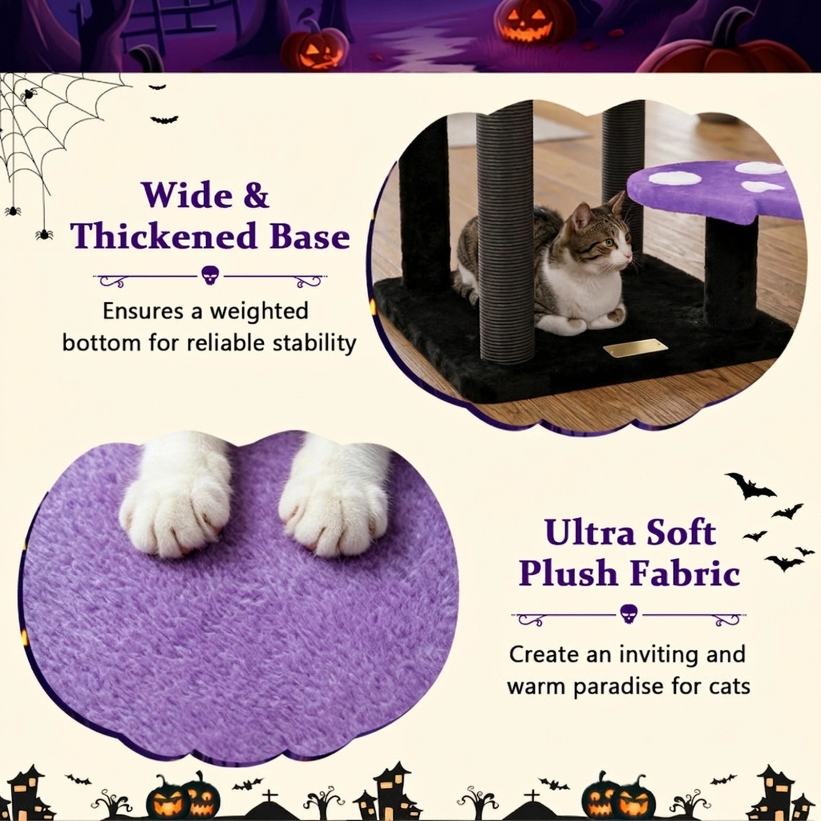 SUGIFT Purple 57 in Spooky Cat Tower with Ghost Platform and Spider Hanging Toy