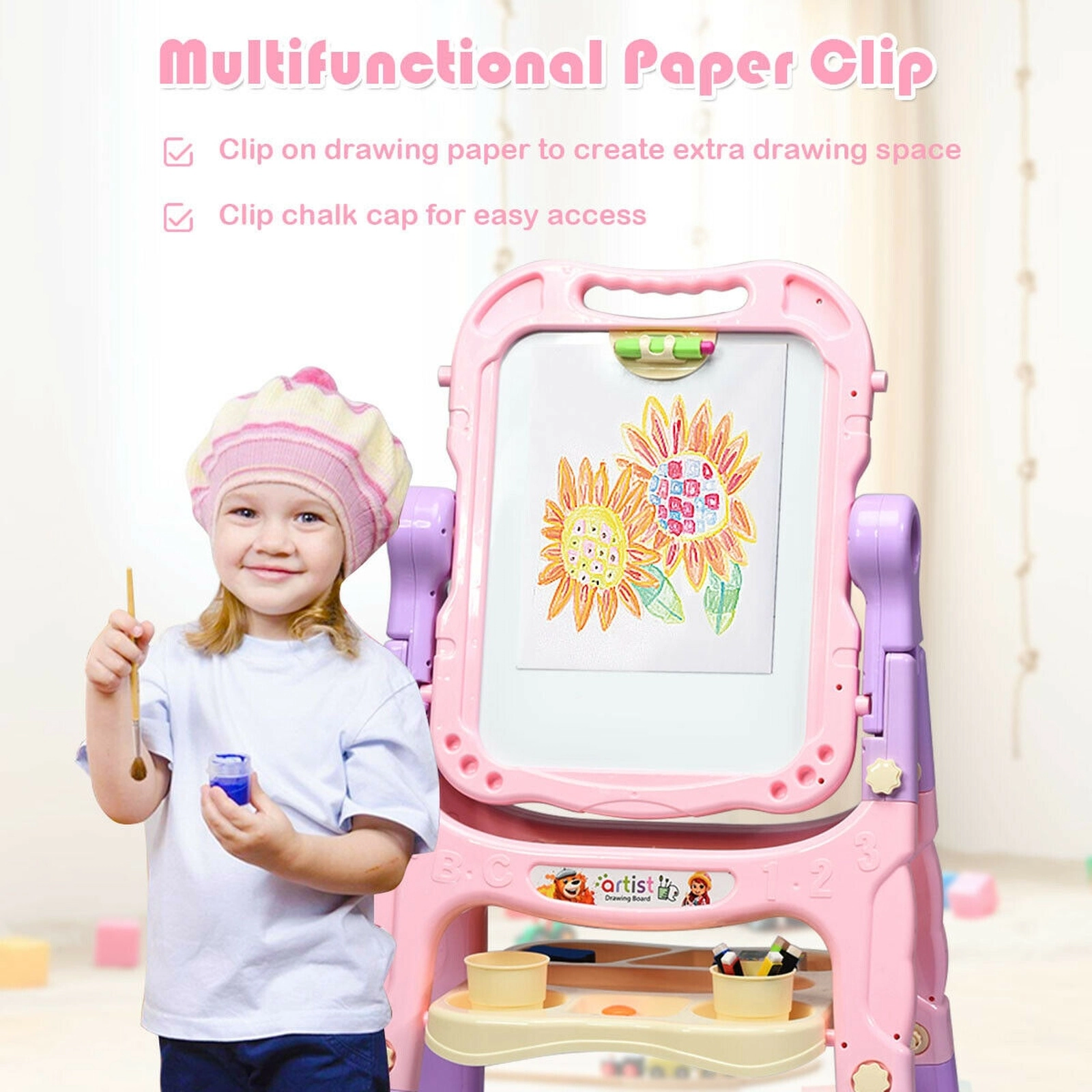 SUGIFT Pink Height Adjustable Kids Art Easel with Magnetic Double-Sided Board