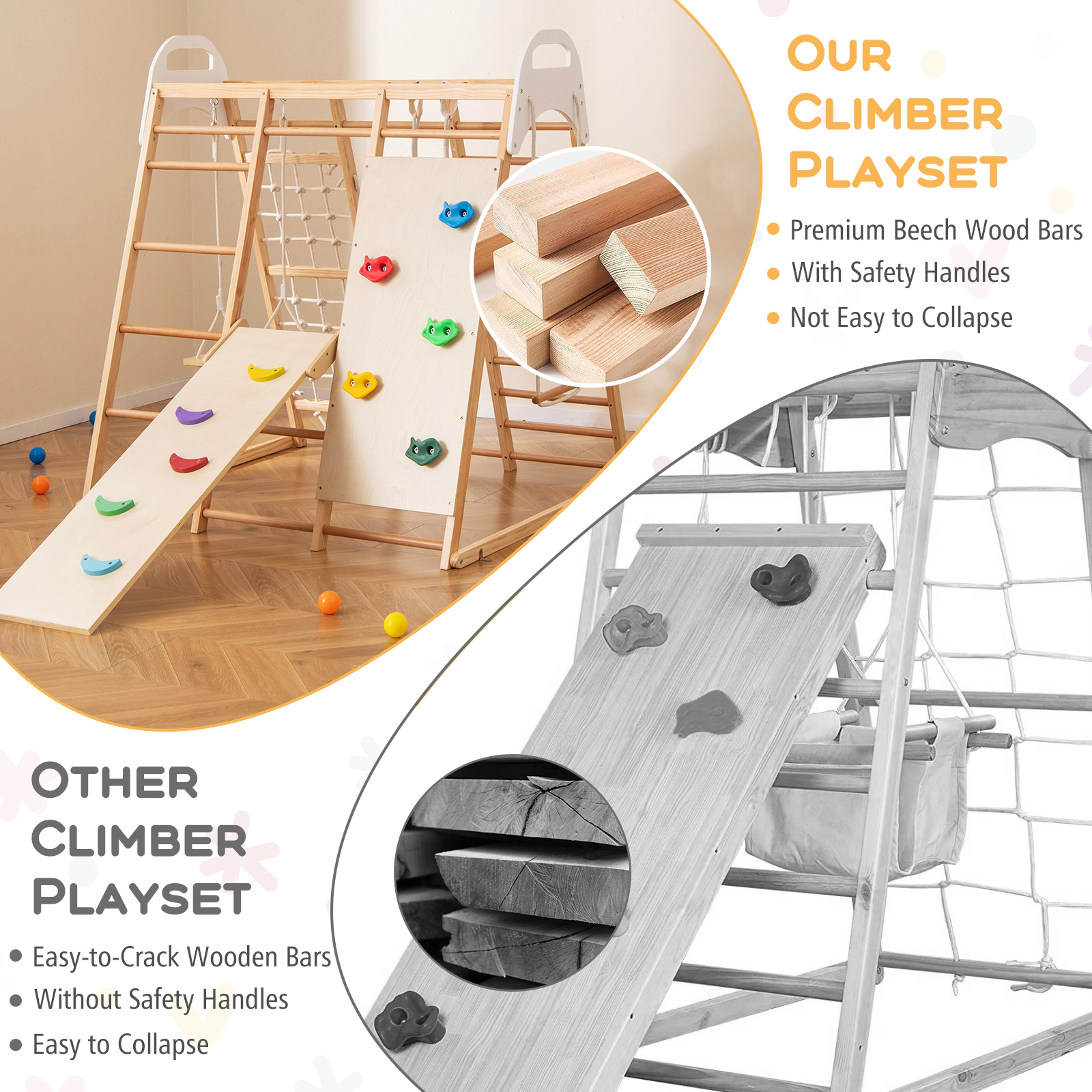 SUGIFT 8-in-1 Wooden Jungle Gym Climber Playset Slide & Monkey Bars 530-lb Capacity Ages 1 Years+ Multicolor/Natural