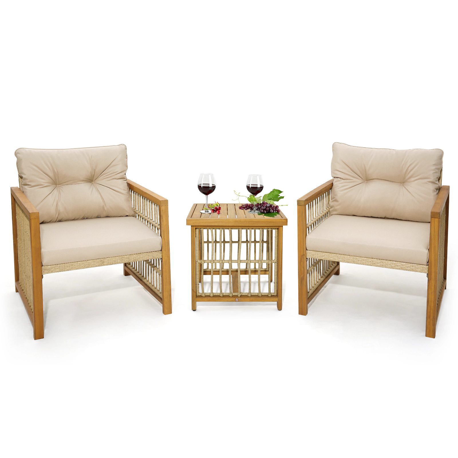 LJG 3 Pieces Patio PE Wicker Conversation Set with Acacia Wood Frame and Cushions