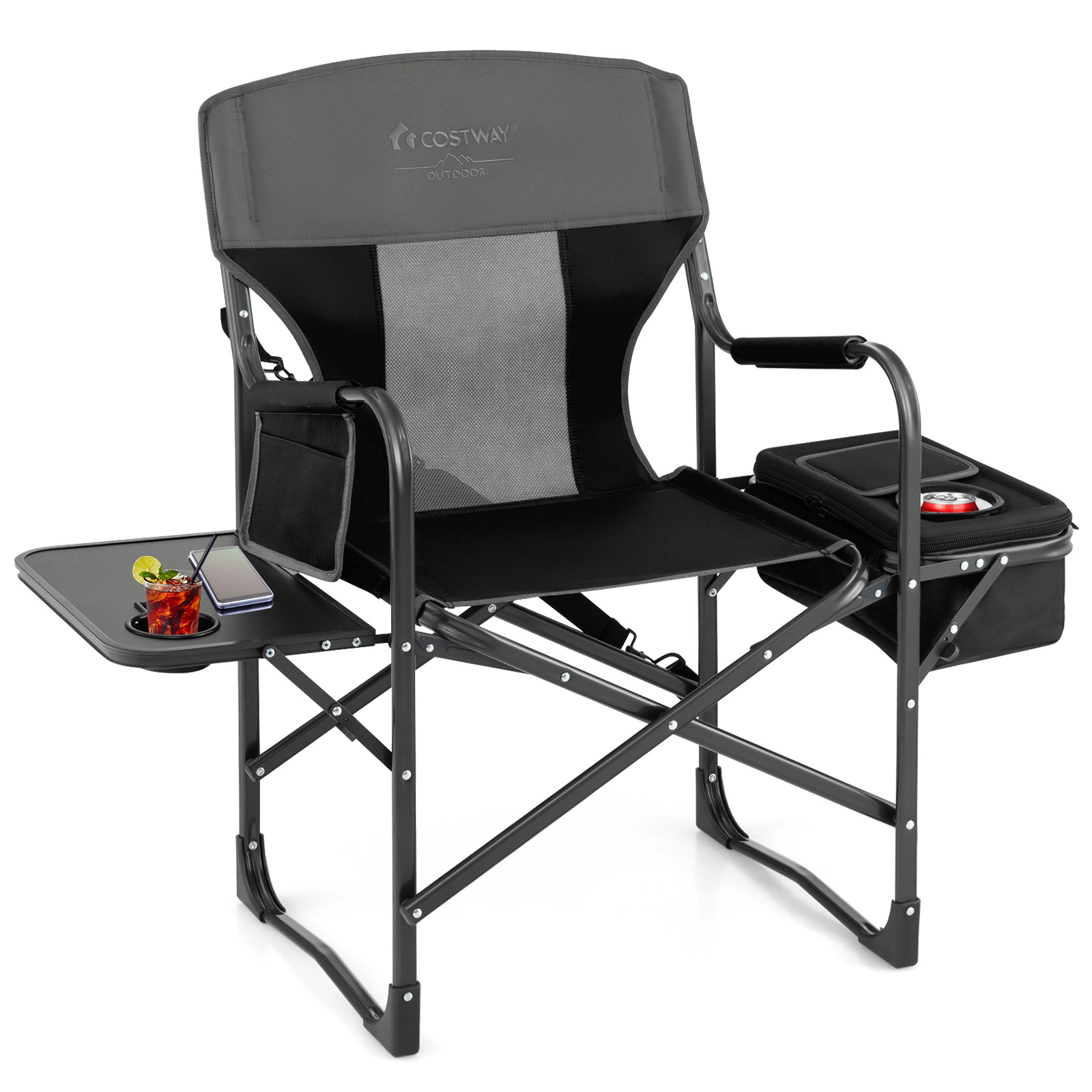 LJG Folding Camping Directors Chair with Cooler Bag and Side Table