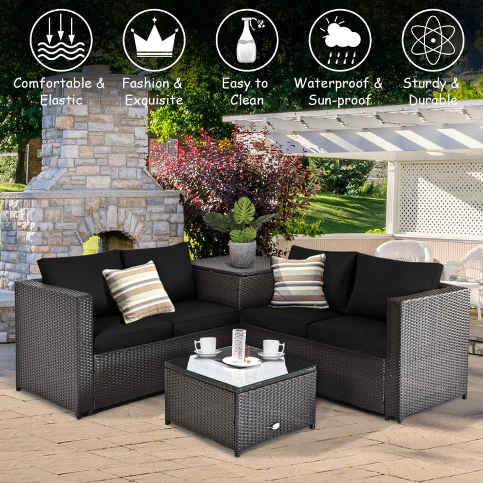 SUGIFT 4-Piece Black Rattan Patio Sectional Set with Loveseat, Coffee Table and Storage End Table
