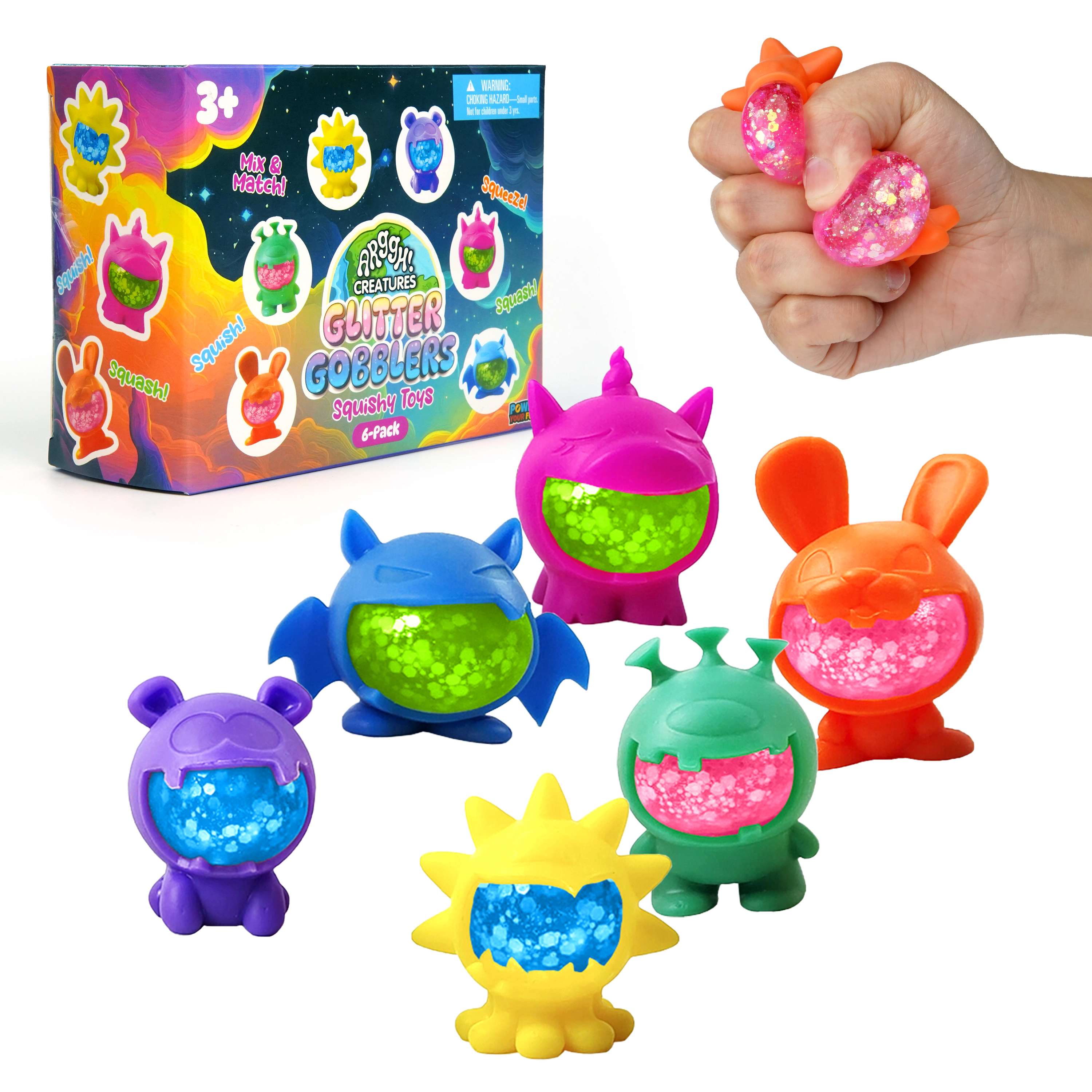Power Your Fun Glitter Gobblers Squishy 6 pack Fidget Toys for Kids