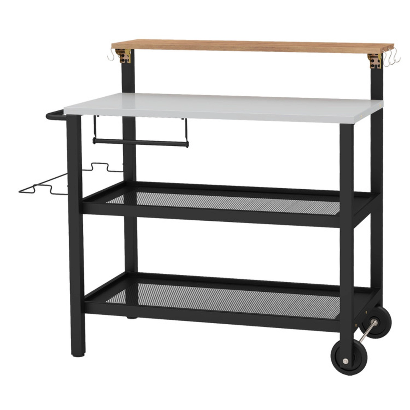 SUGIFT 3-Tier Galvanized Metal Flip-Up Table 6 Hooks Rolling Bar Cart 46-in x 22-in x 51-in 300-lb Capacity Black