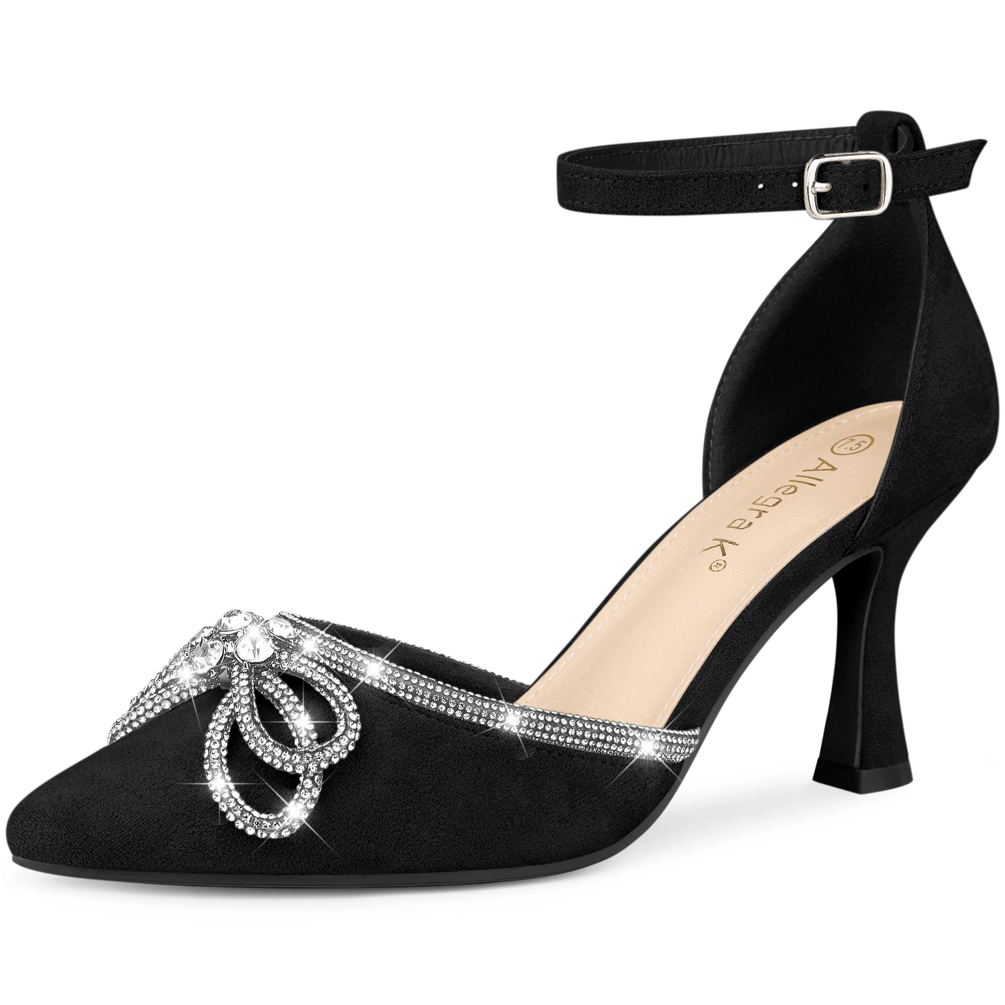 BLISSFUL STEP Women Rhinestones Bow Ankle Strap Stiletto Heel Sandals