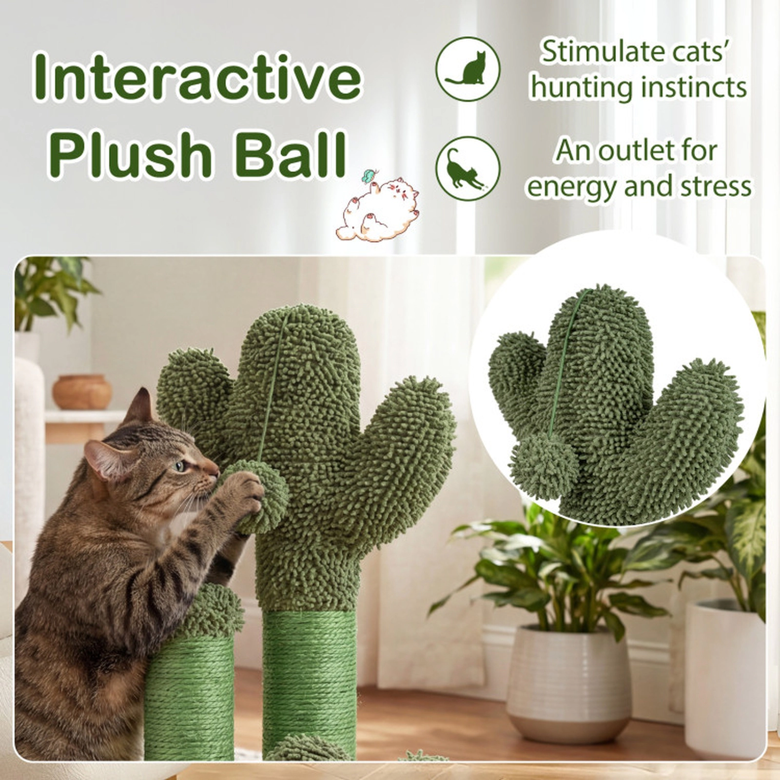 SUGIFT 22 Inch Cactus Cat Scratching Post Green with Natural Sisal Rope and Ball