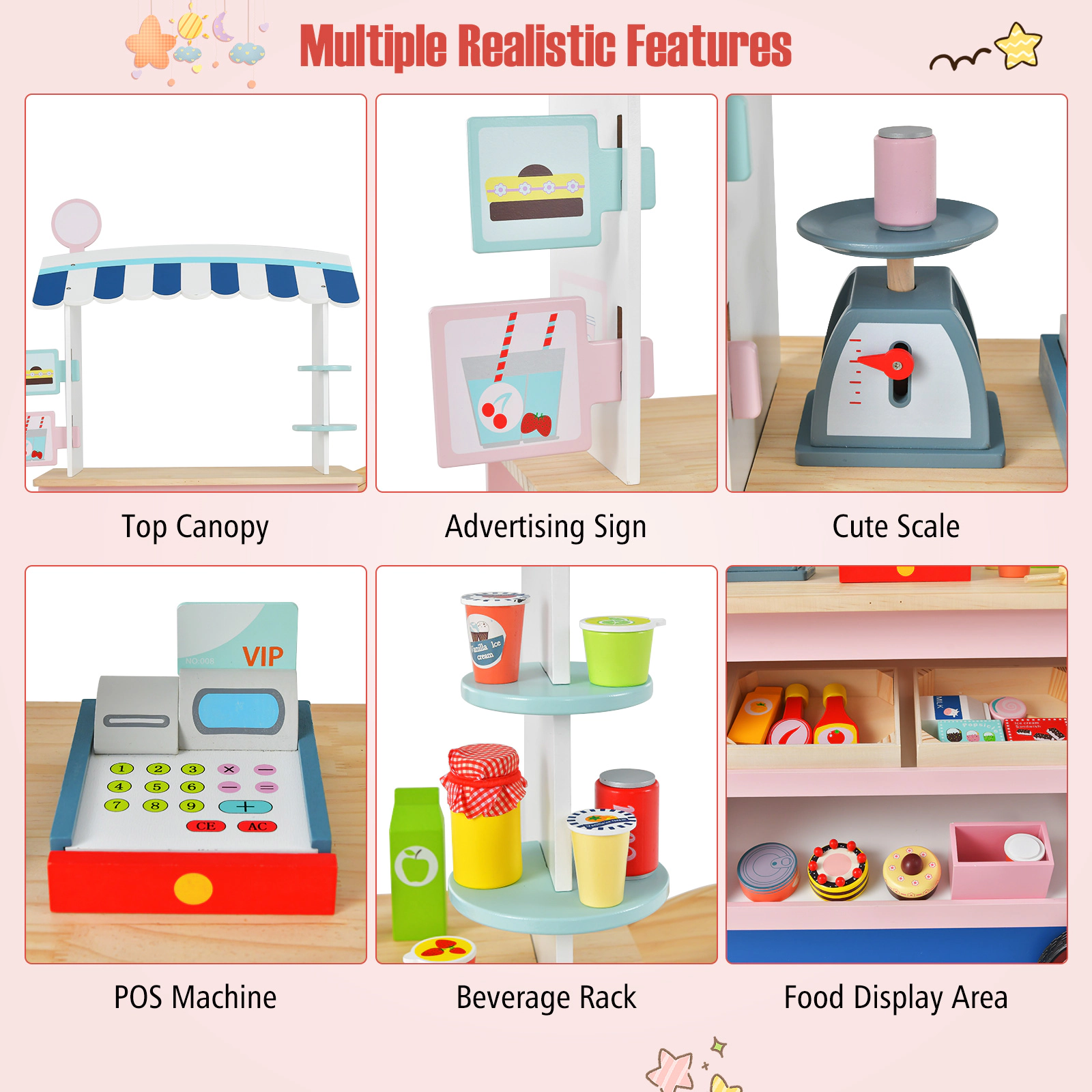 Wooden Toy Market Cart POS Machine Scale Canopy 30-pc Accessories 29.5-in Kids Grocery Store Stand on Wheels Ages 3+