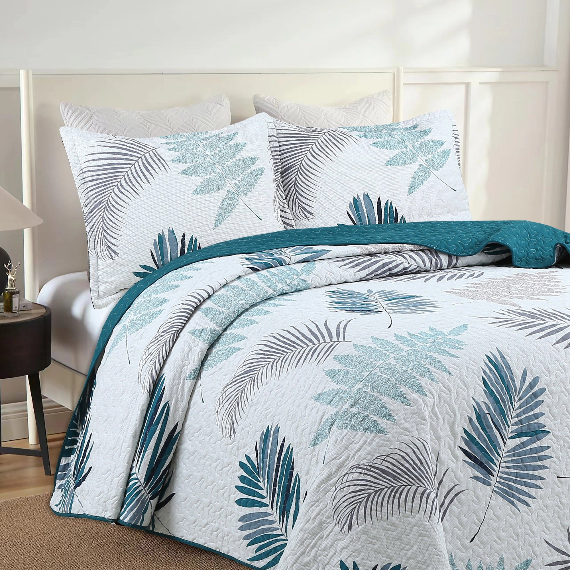 MarCielo 3 Piece Printed Leaf Quilt Set Lightweight Bedspread Set