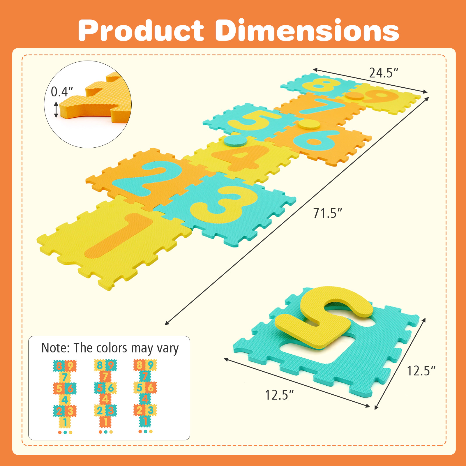 SUGIFT 9-Piece 12.5-in Interlocking EVA Foam Puzzle Play Mat with Removable Numbers and 3 Marker Discs