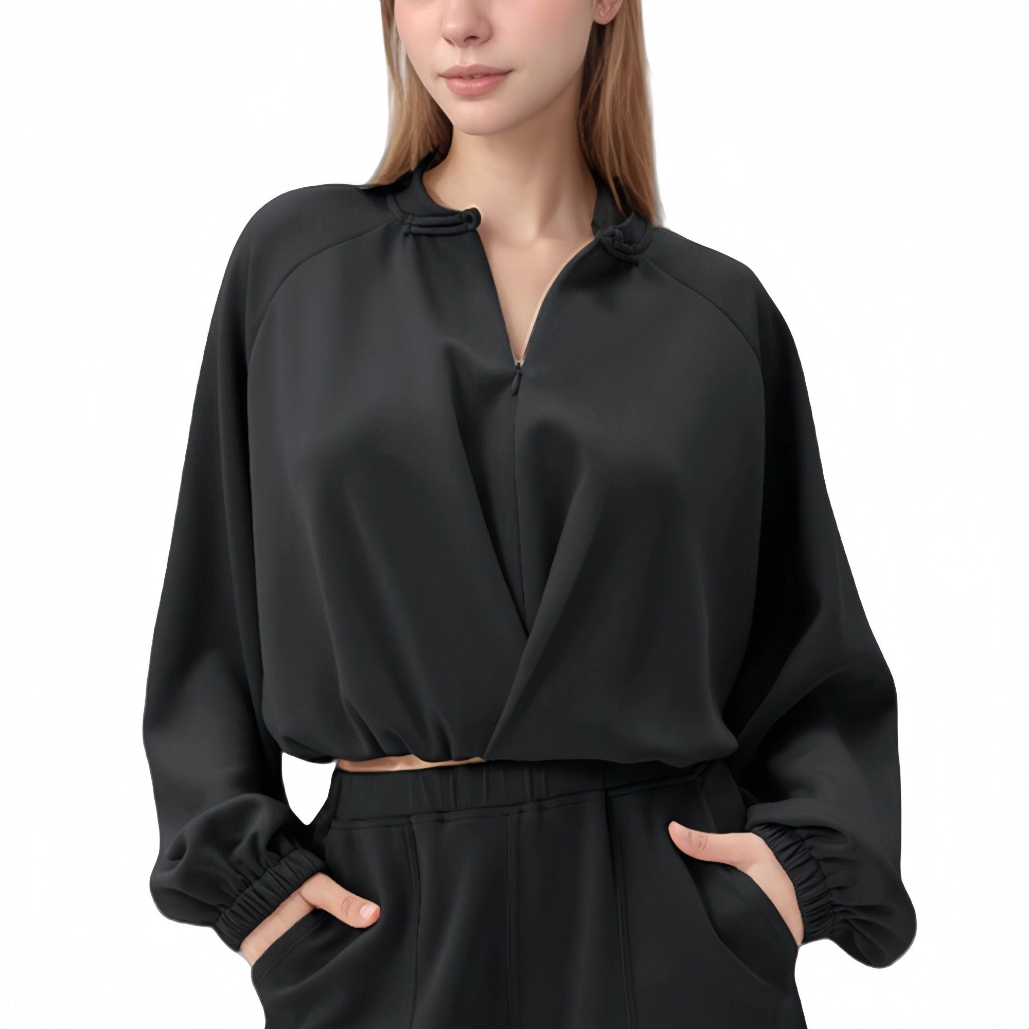Anna-Kaci Women's Long Sleeve Woven Lounge Top with Half-Zip Front, Elastic Hem, and Relaxed Draped Fit