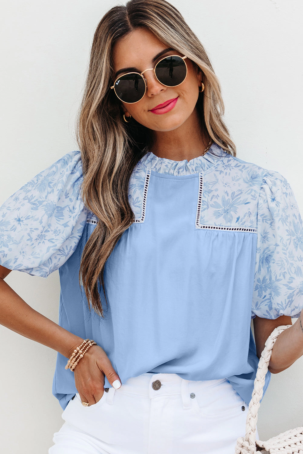 Threaded Pear Women's Saanvi Lace Floral Puff Sleeve Loose Blouse