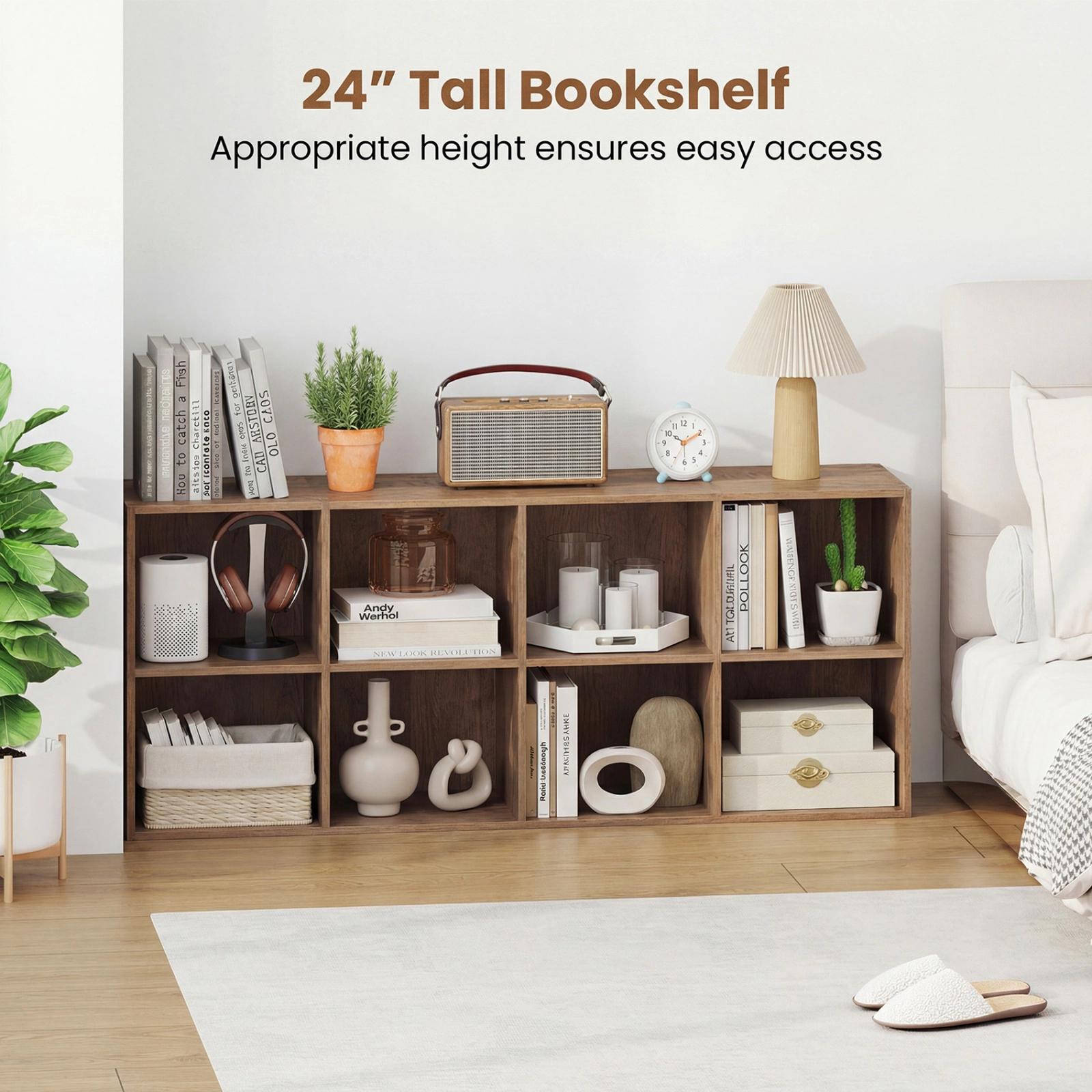 SUGIFT Natural 8-Cube Bookcase 48 in Wide with 180-lb Countertop and Anti-Tipping Kits