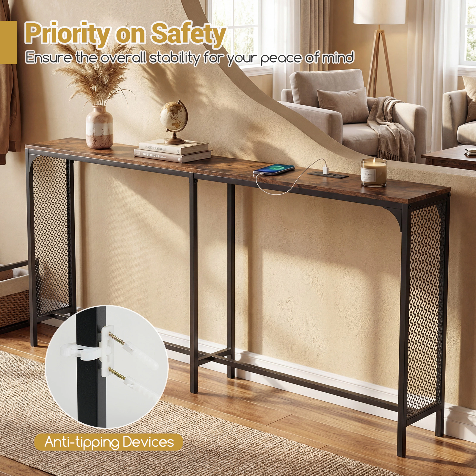 SUGIFT 71 Inch Engineered Wood Metal Frame USB C Charging Narrow Console Table In Rustic Brown
