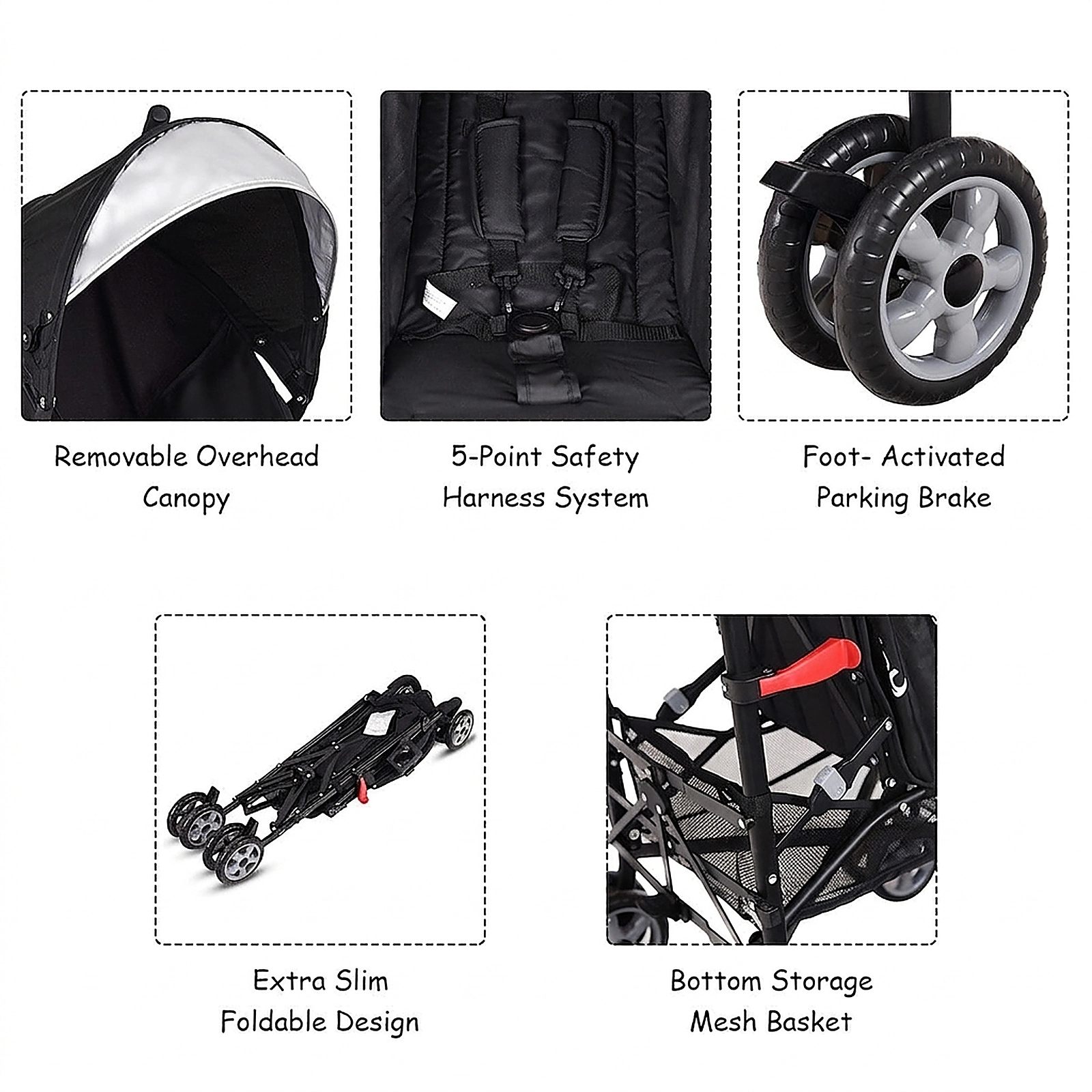 SUGIFT Baby Black Folding Umbrella Stroller with Storage Basket 26-in W 20-in D 43.5-in H 33-lb Seat Capacity