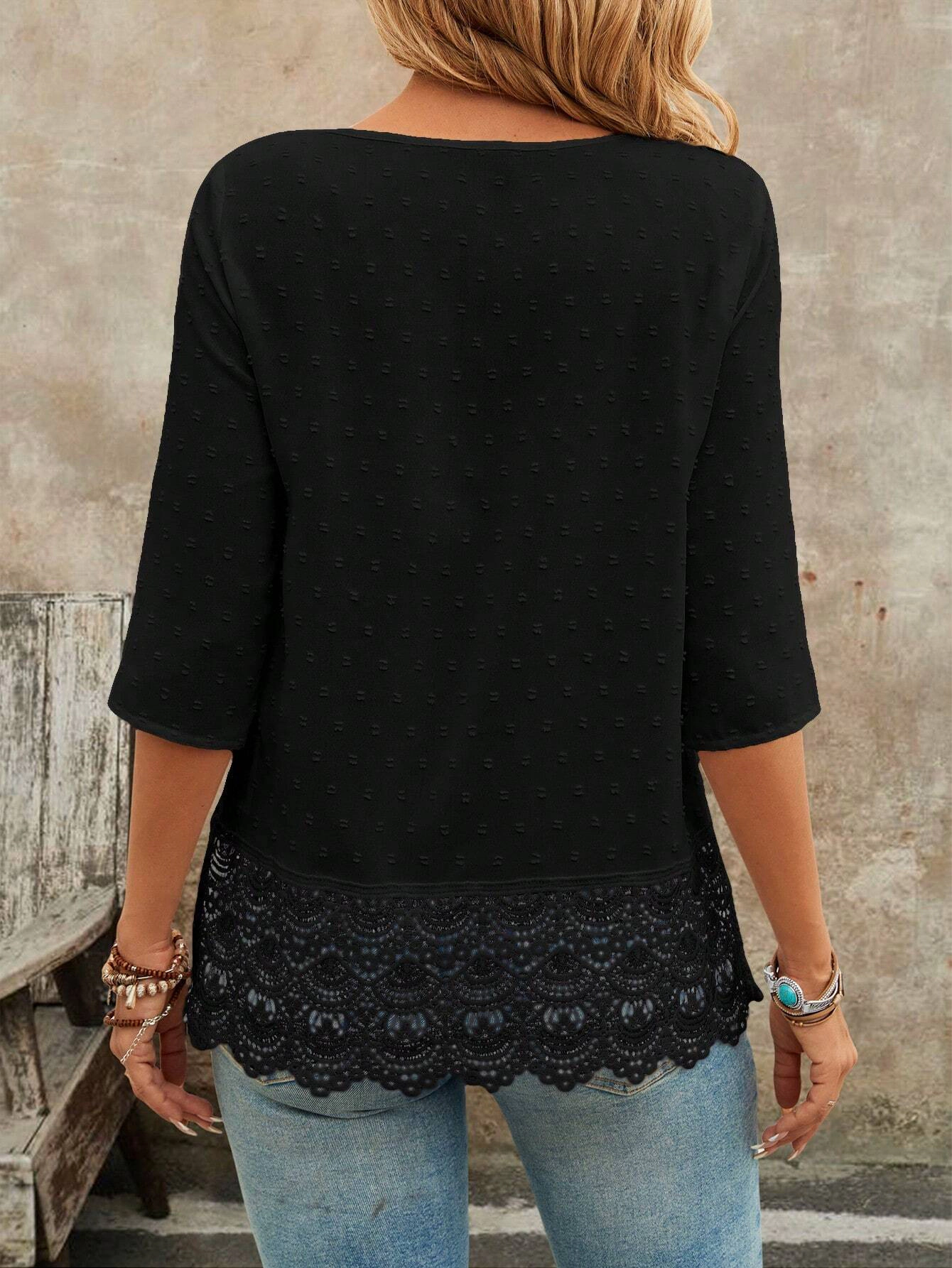 KOJOOIN Women's V Neck 3/4 Sleeve Dot Crochet Lace Trim Tunic Blouse Top