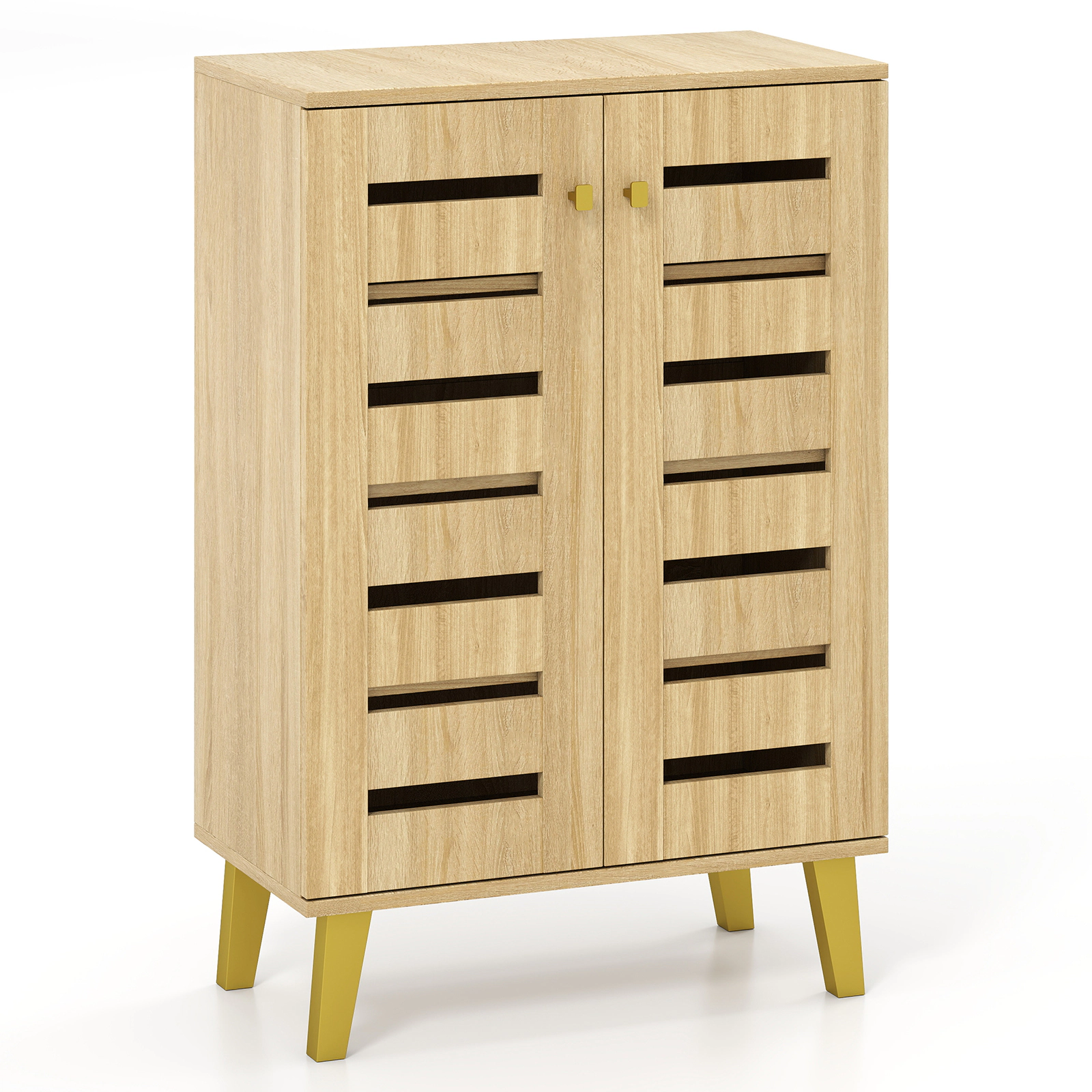 SUGIFT 4-Tier Natural 24-in Small Freestanding Wood Shoe Cabinet with Louvered Doors and Soft Close
