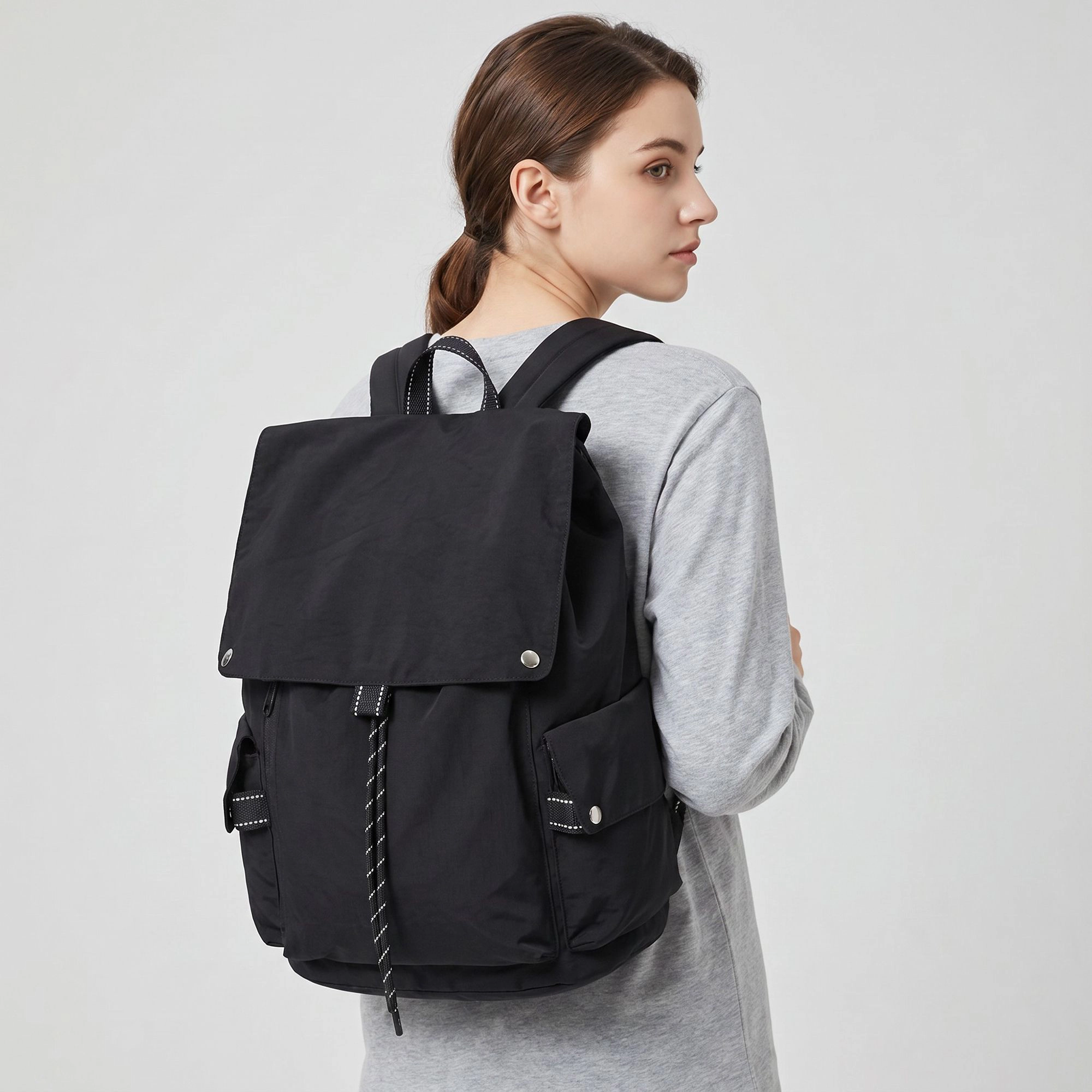 Alilang Women's Canvas Flap Backpack with Drawstring Closure Side Pockets and Adjustable Shoulder Straps