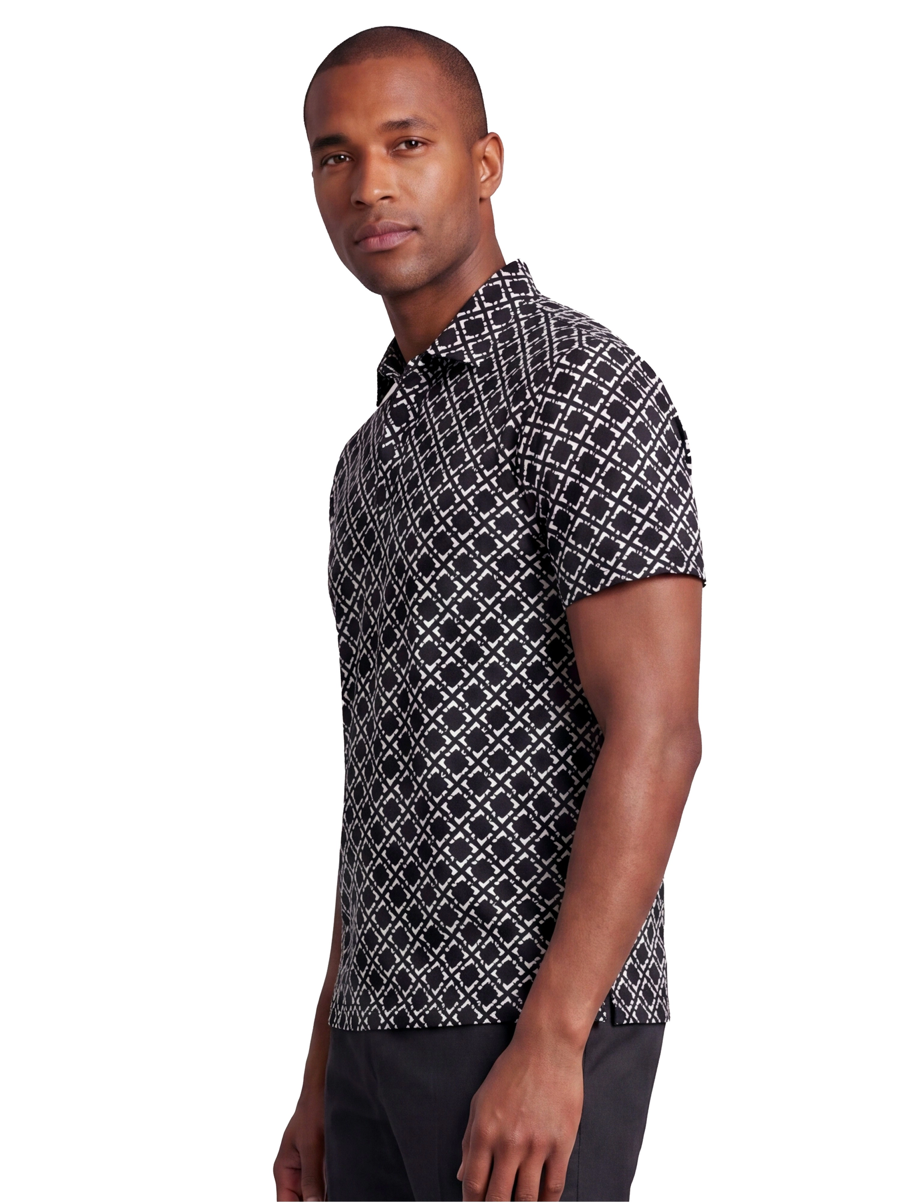 24sevenMen Wrinkle Resistant 3 Button Machine Washable Geometric Black Polo Shirt