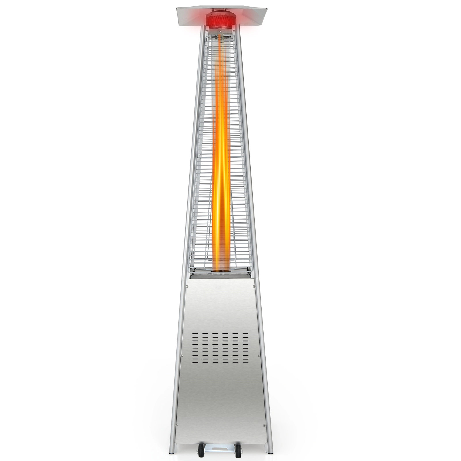 SUGIFT 42000 BTU Pyramid Patio Heater with Reflective Cover Stainless Steel Burner 90-in Tall Silver with Wheels