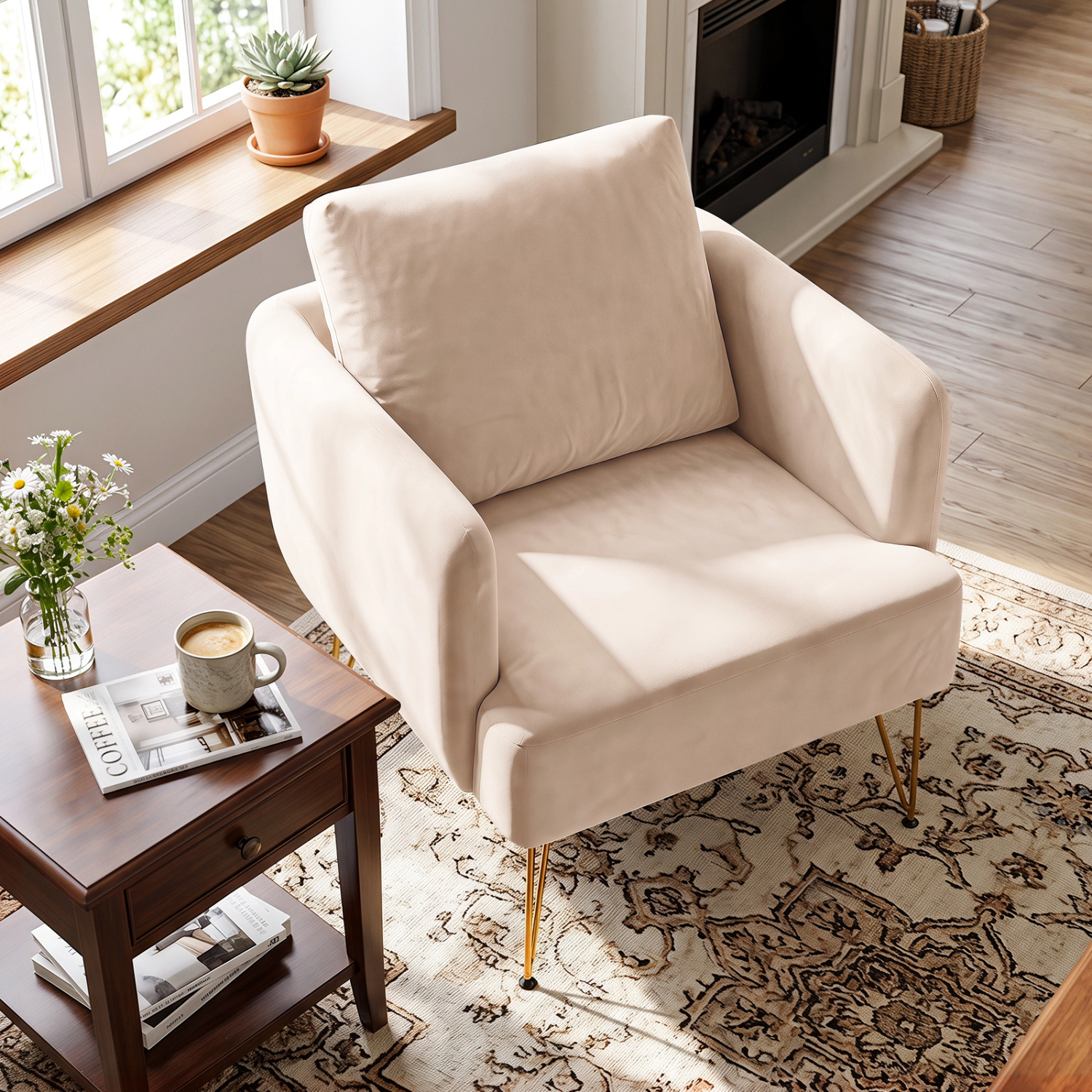 LJG Modern Accent Chair with Back Cushion & Golden Metal Legs for Living Room Bedroom
