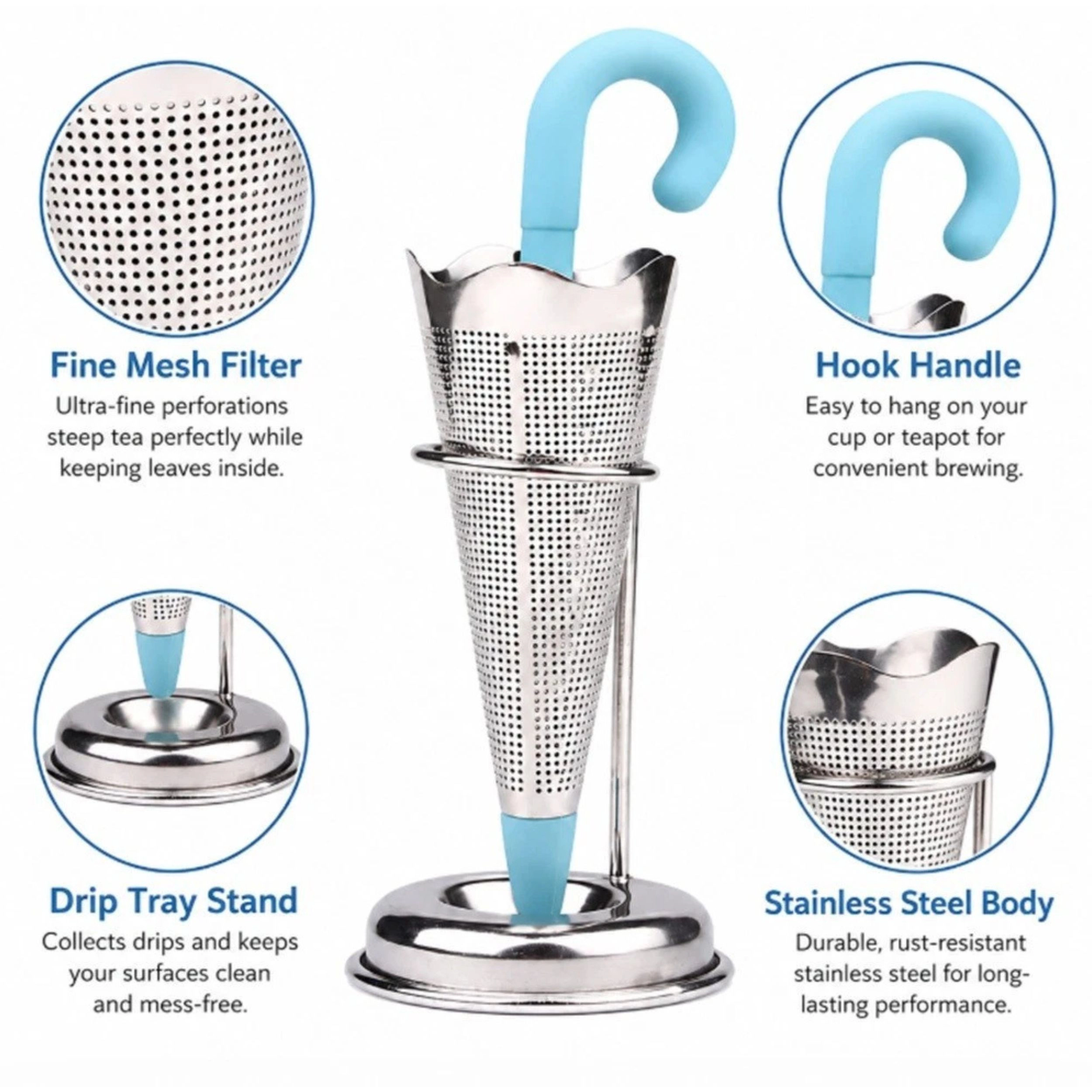 Home Collection Stainless Steel Umbrella Tea Infuser Fine Mesh Strainer with Silicone Lid