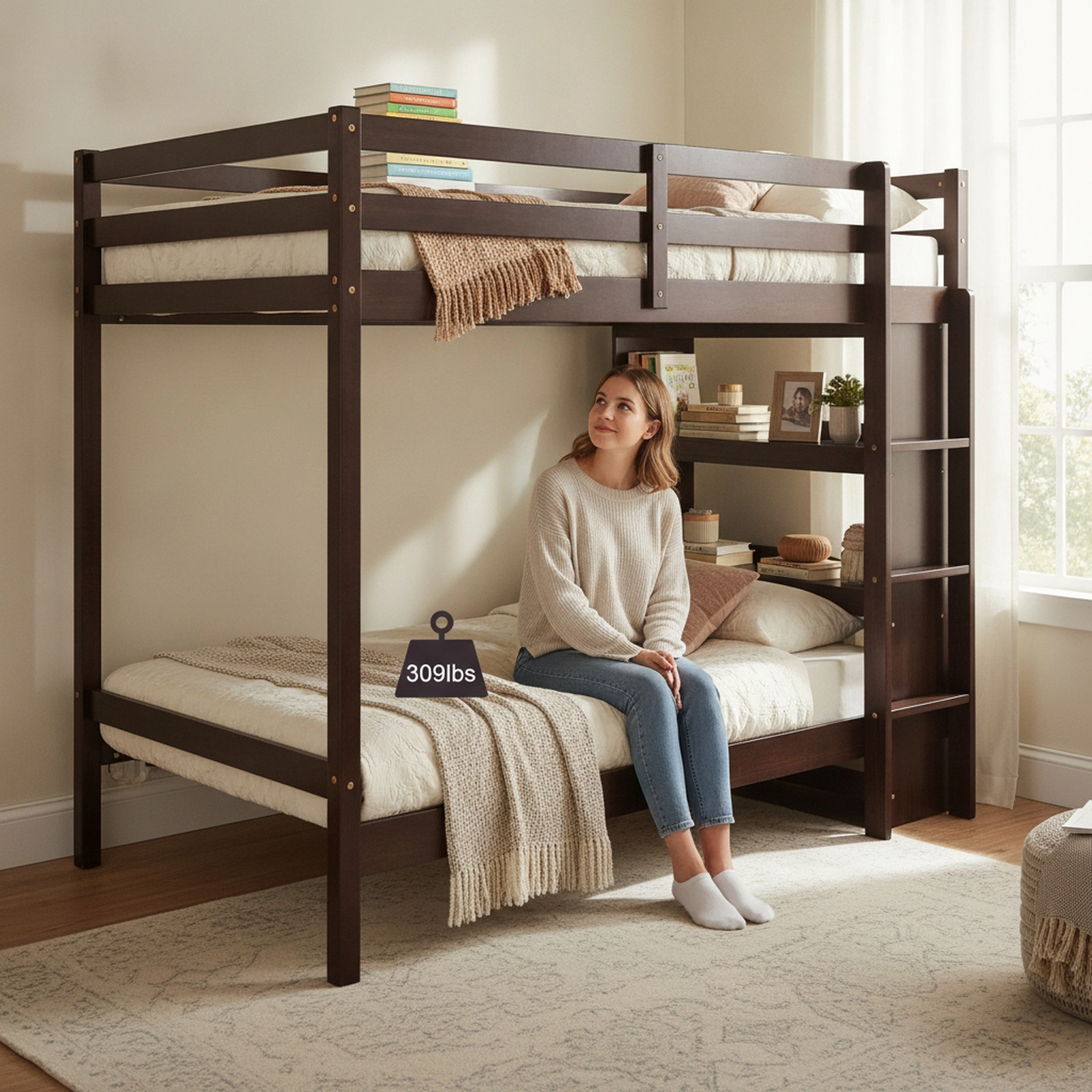 SUGIFT Twin-Over-Twin Bunk Bed with 4-Tier Bookcase, Dark Brown Wood