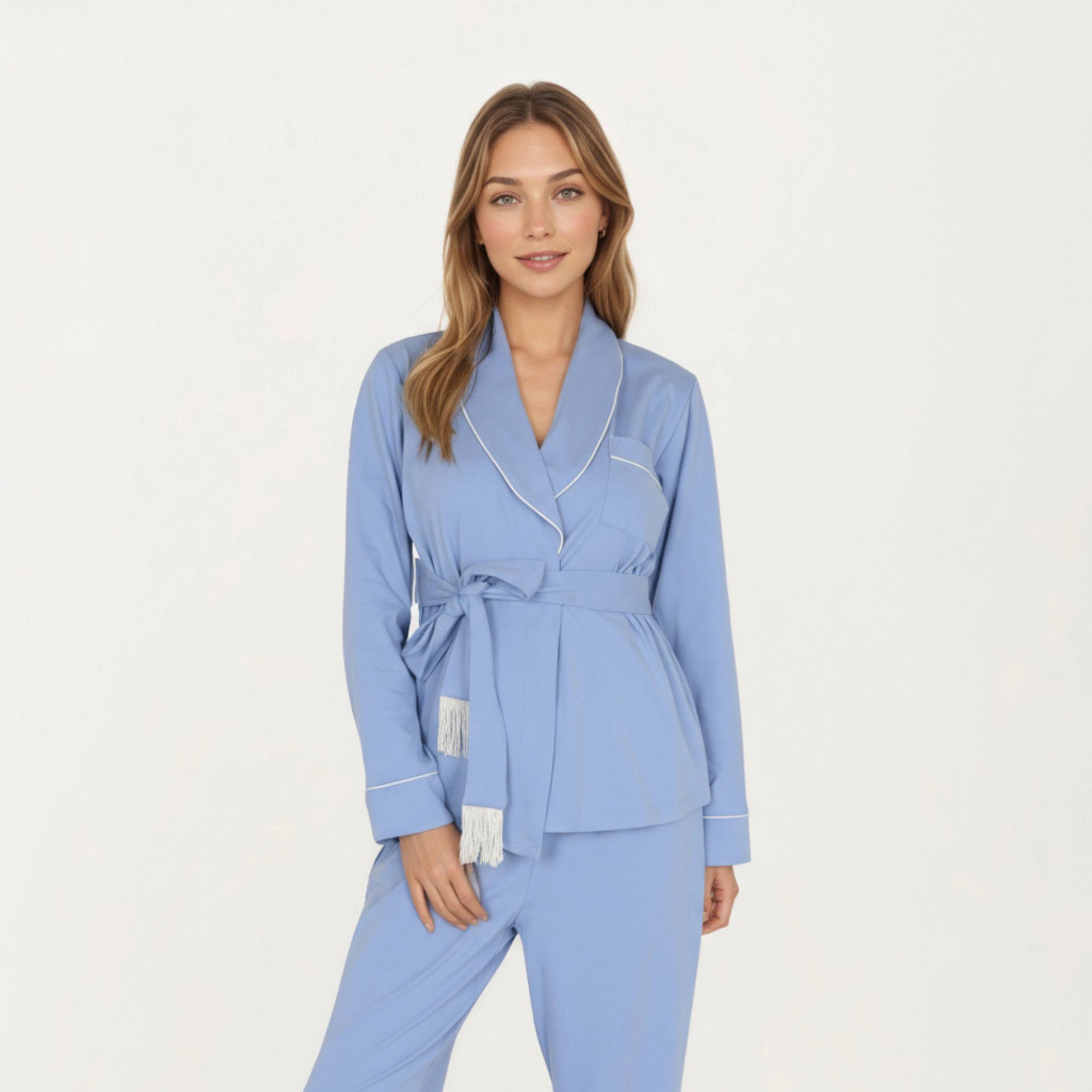 Anna-Kaci Women's 2-Piece Belted Wrap Top and Relaxed Fit Pants Pajama Set with Shawl Collar Soft Fabric