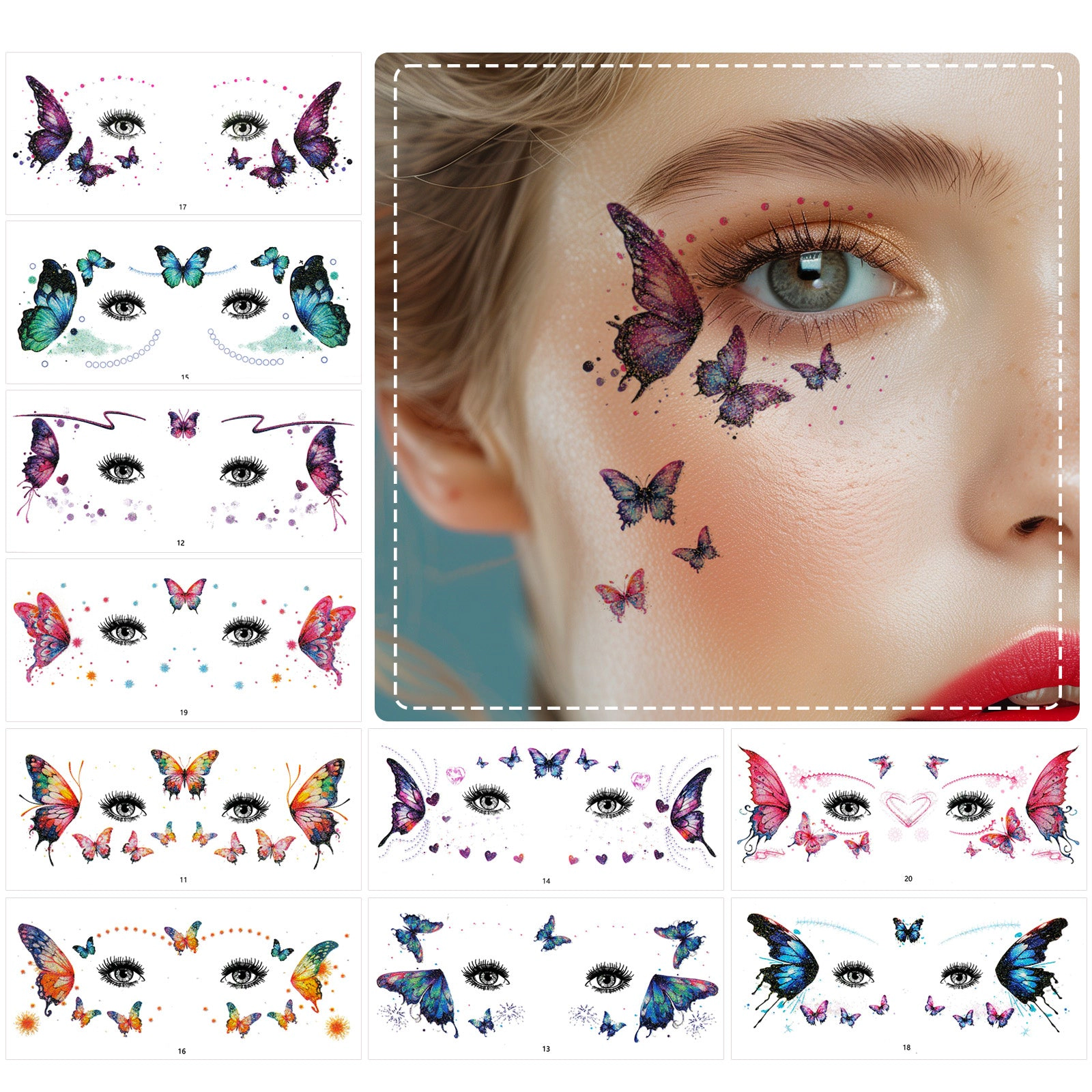 Wrapables Waterproof Glitter Butterfly Temporary Face Tattoos for Women, Eye and Facial Makeup (10 Sheets)