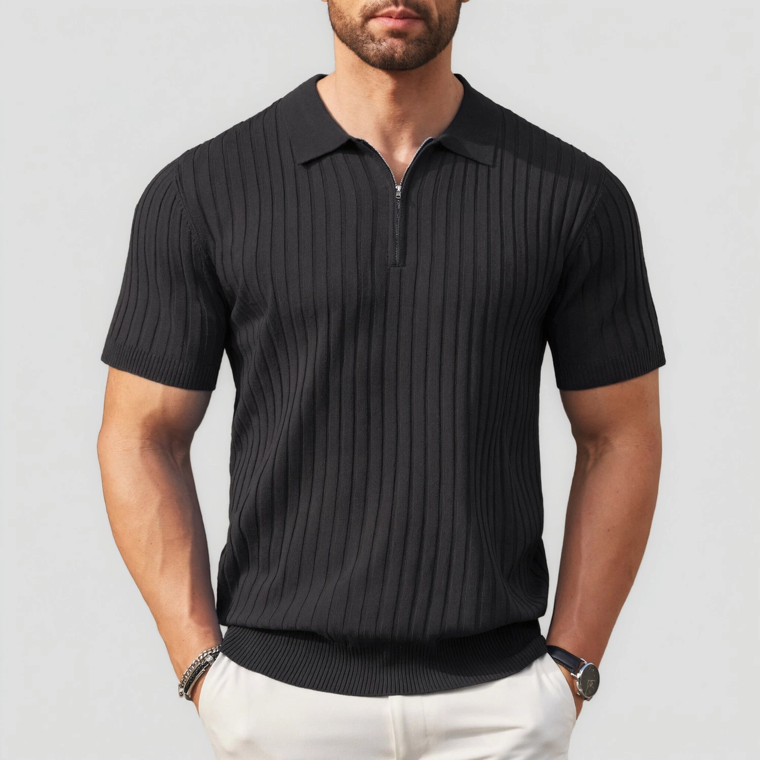 COOFANDY Ribbed Short Sleeve Polo Shirts Summer Quarter Zip Collar Casual Tops