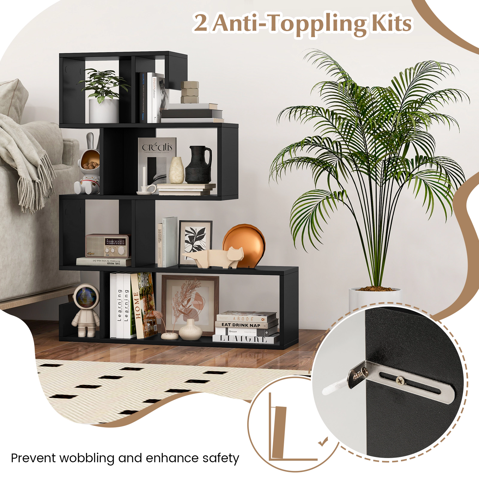 SUGIFT 5-Tier S-Shaped Geometric Z-Shelf Bookcase with Open Cubes 44-lb Top Capacity Engineered Wood 31.5-in Wide Black