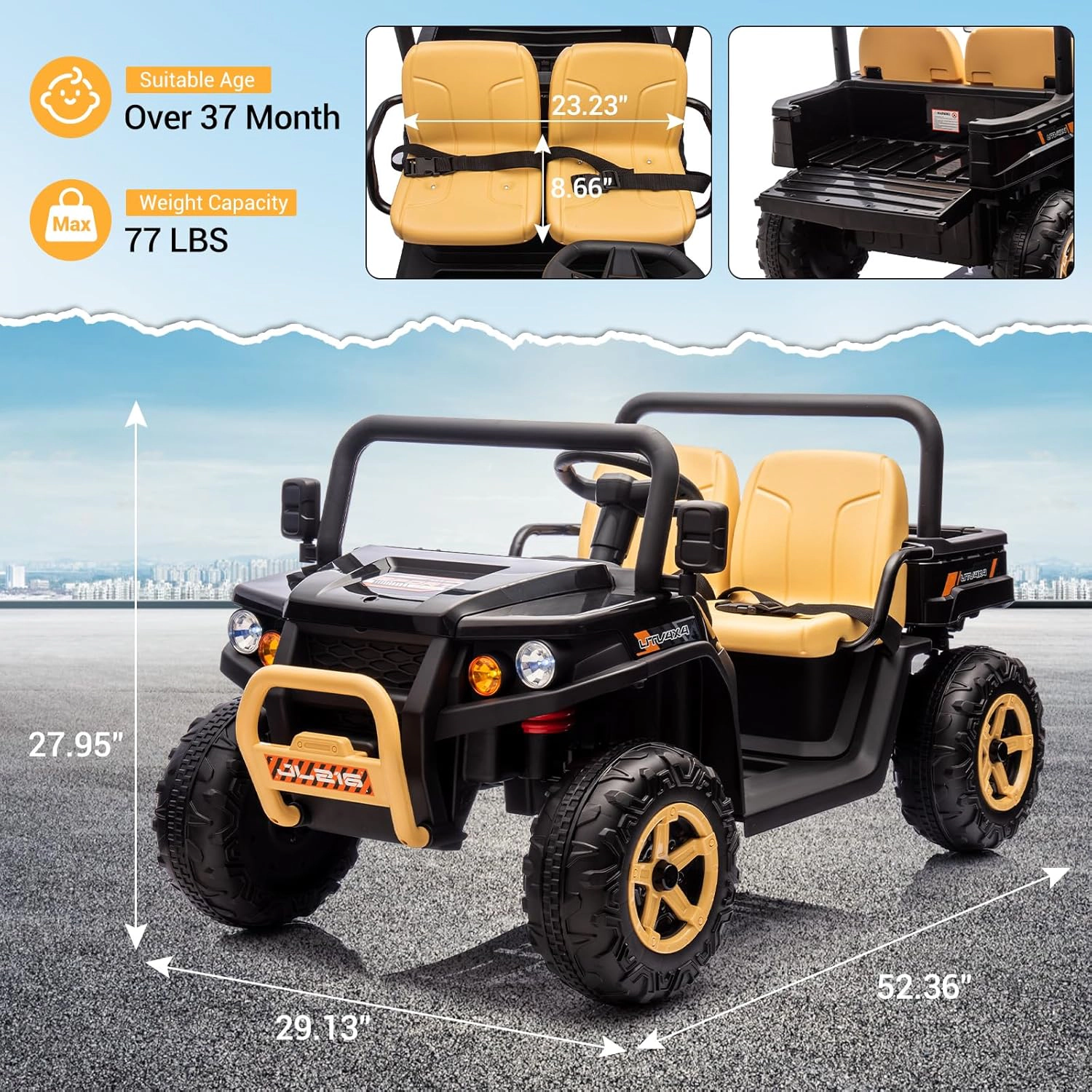 Enjyam 24V Kids 2-Seater Ride On Dump Truck, 4×35W Motors, Electric Bed, Shovel, Remote, Bluetooth, Music & LED Lights