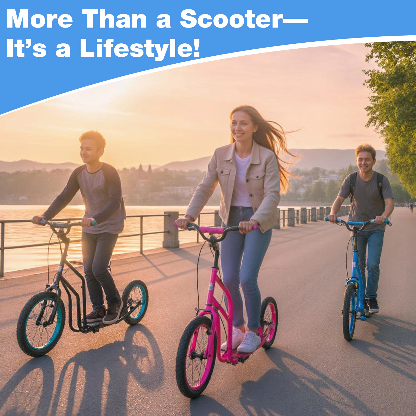 SUGIFT Blue Kick Scooter, 16-Inch Front and 14-Inch Rear Inflatable Wheels, Hand Brakes, 110-Lb Capacity