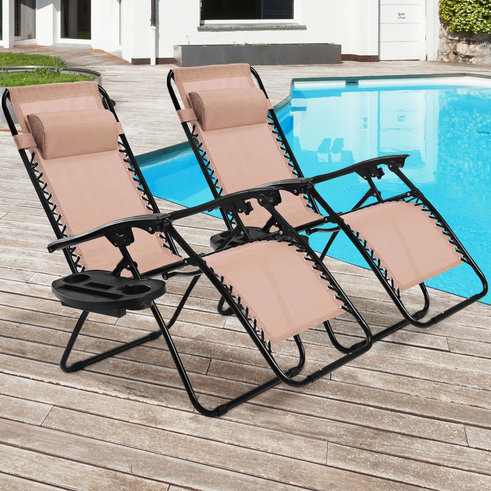 SUGIFT Set of 2 Removable Tray 0-160 Degree Recline Zero Gravity Lounge Chairs 57-in x 25-in 310-lb Capacity Beige