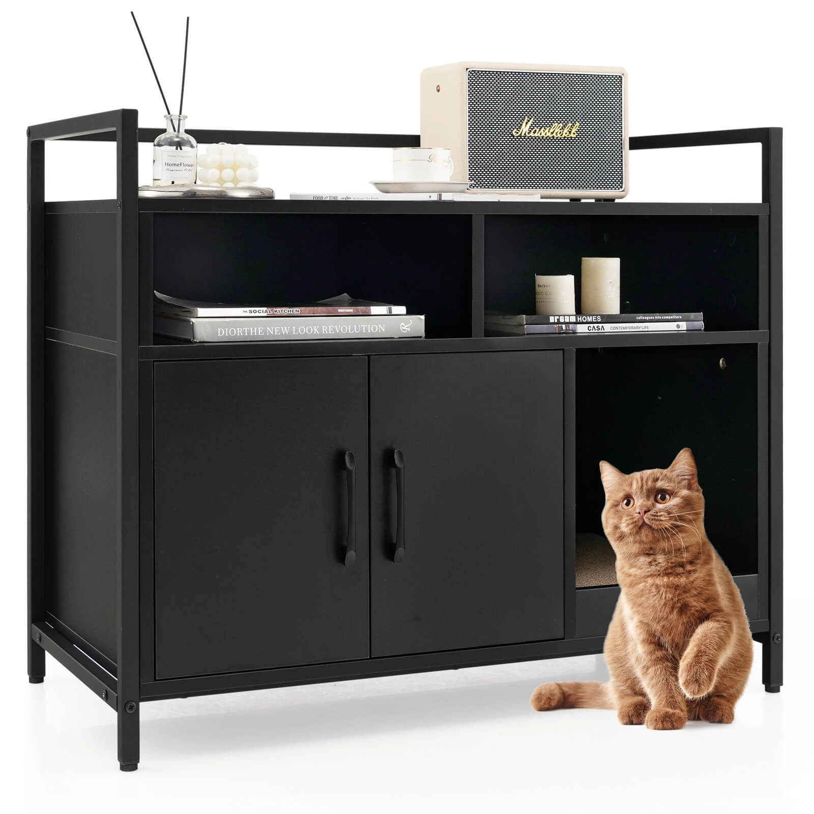 SUGIFT 35 x 29.5-in 110-lb Tabletop Capacity Hidden Cat Litter Box Enclosure with Double Doors and Scratch Board