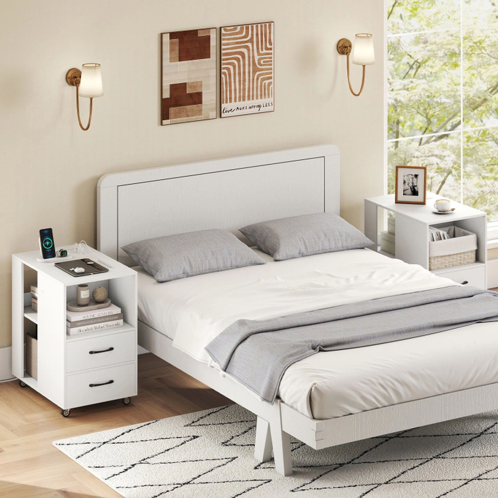 SUGIFT Built-In Charging Station 2 Drawers and Wheels White End Table