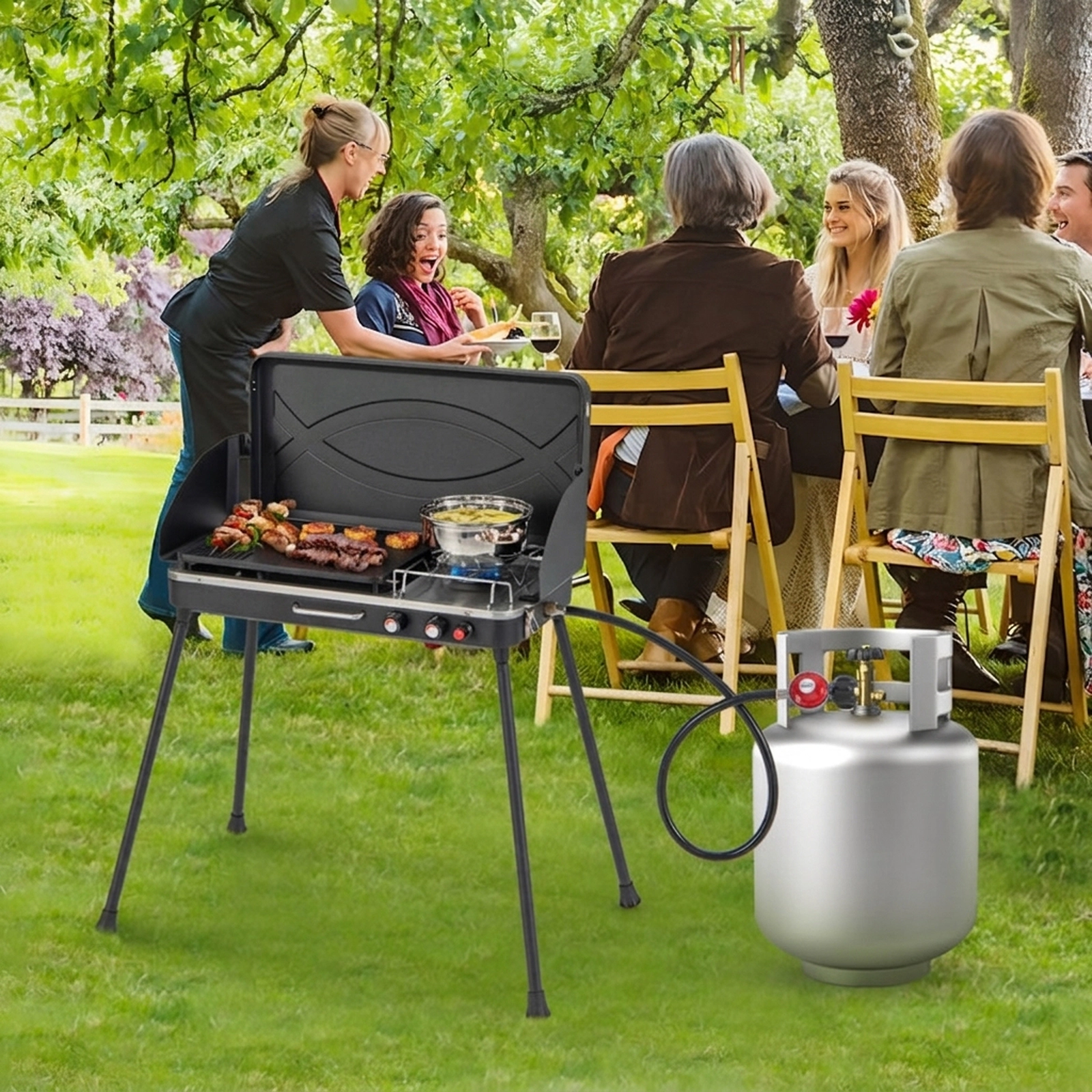 SUGIFT 2-in-1 Gas Camping Grill and Stove with Dual Burners and Detachable Legs Black