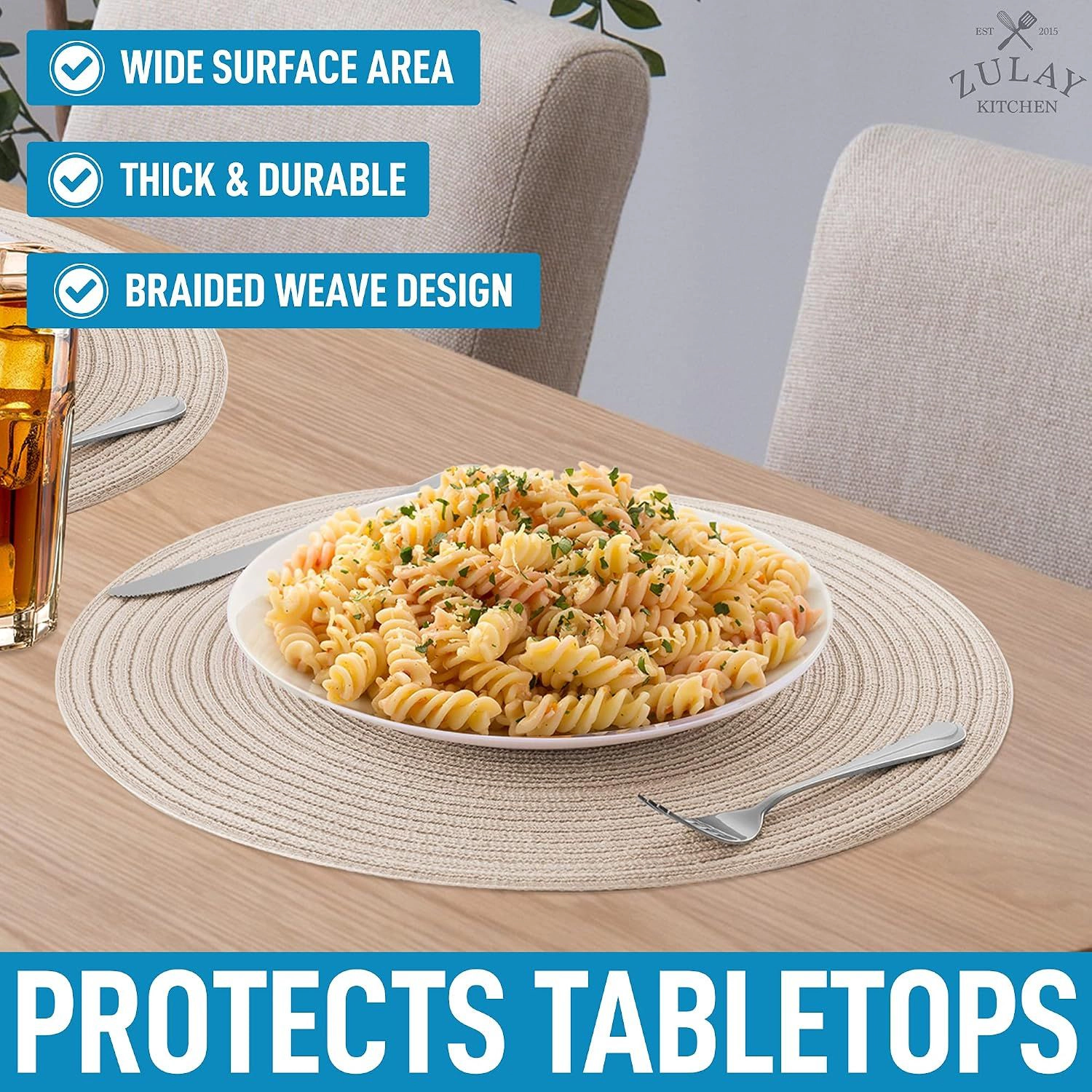 Zulay Kitchen 15 Inch Round Placemats for Dining Table Set of 6 - Braided & Anti-Skid Placemat