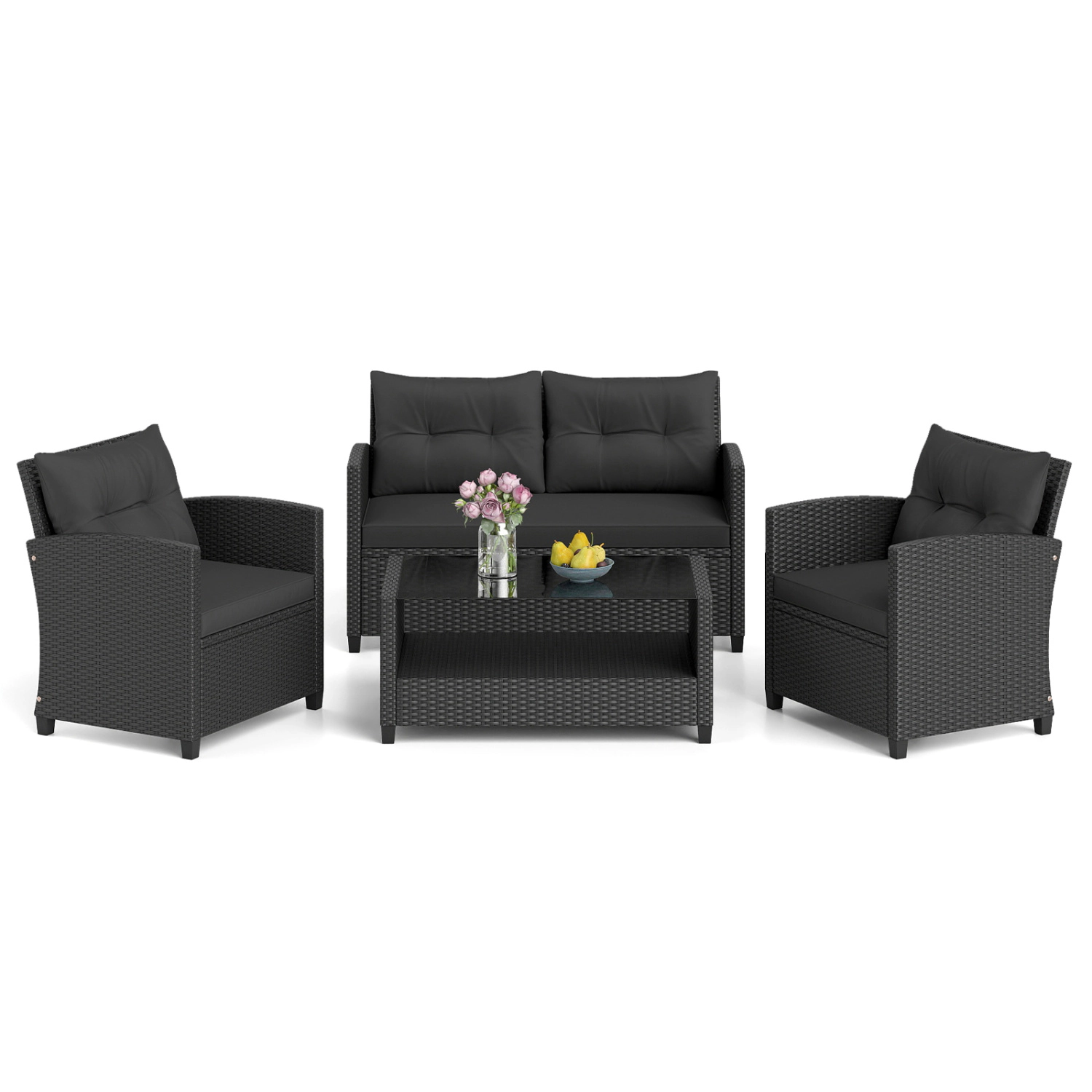 LJG 4 Pieces Patio Rattan Furniture Set with Tempered Glass Coffee Table