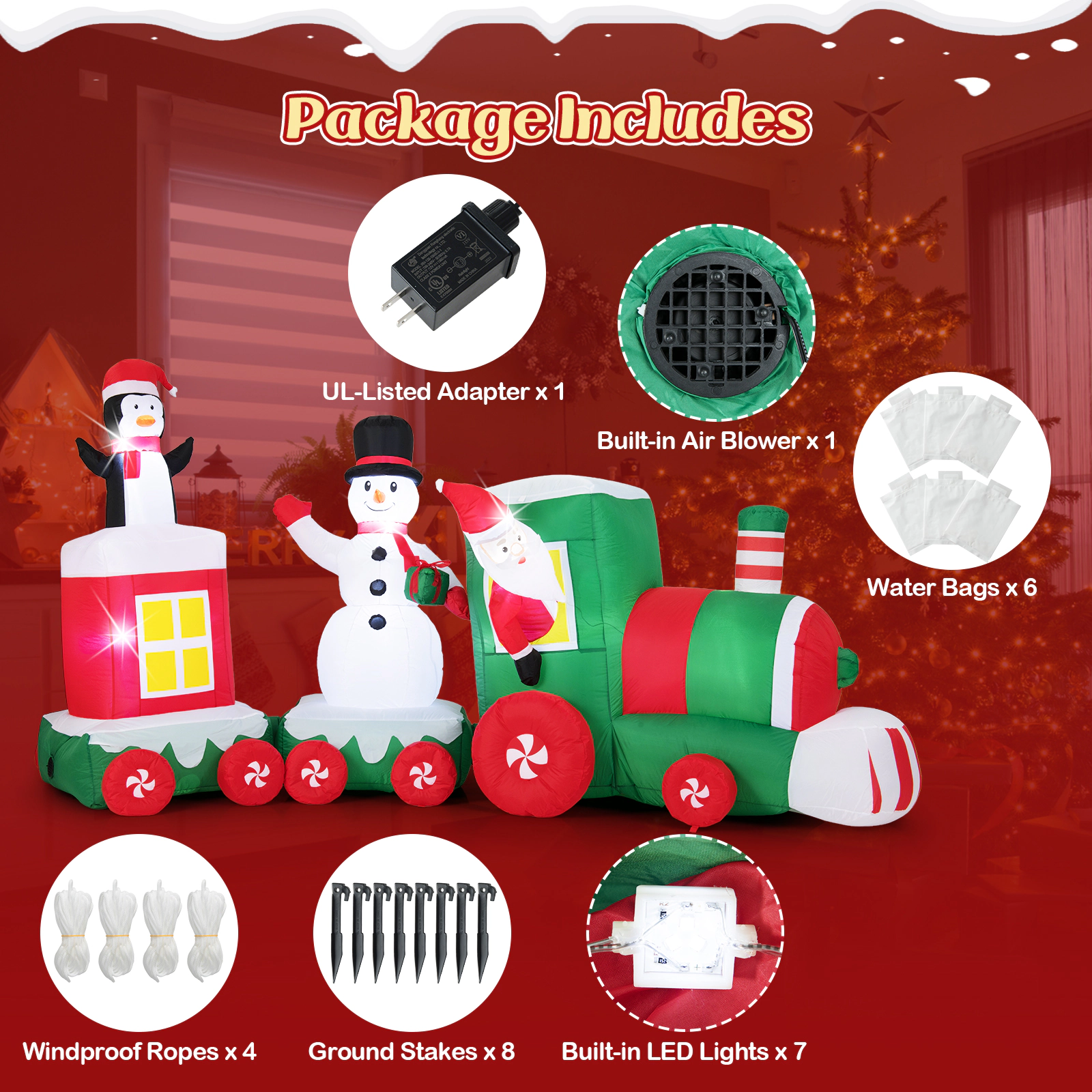 Glintex 11.5-Ft Inflatable Christmas Train with Santa Snowman and Penguin, Multicolor