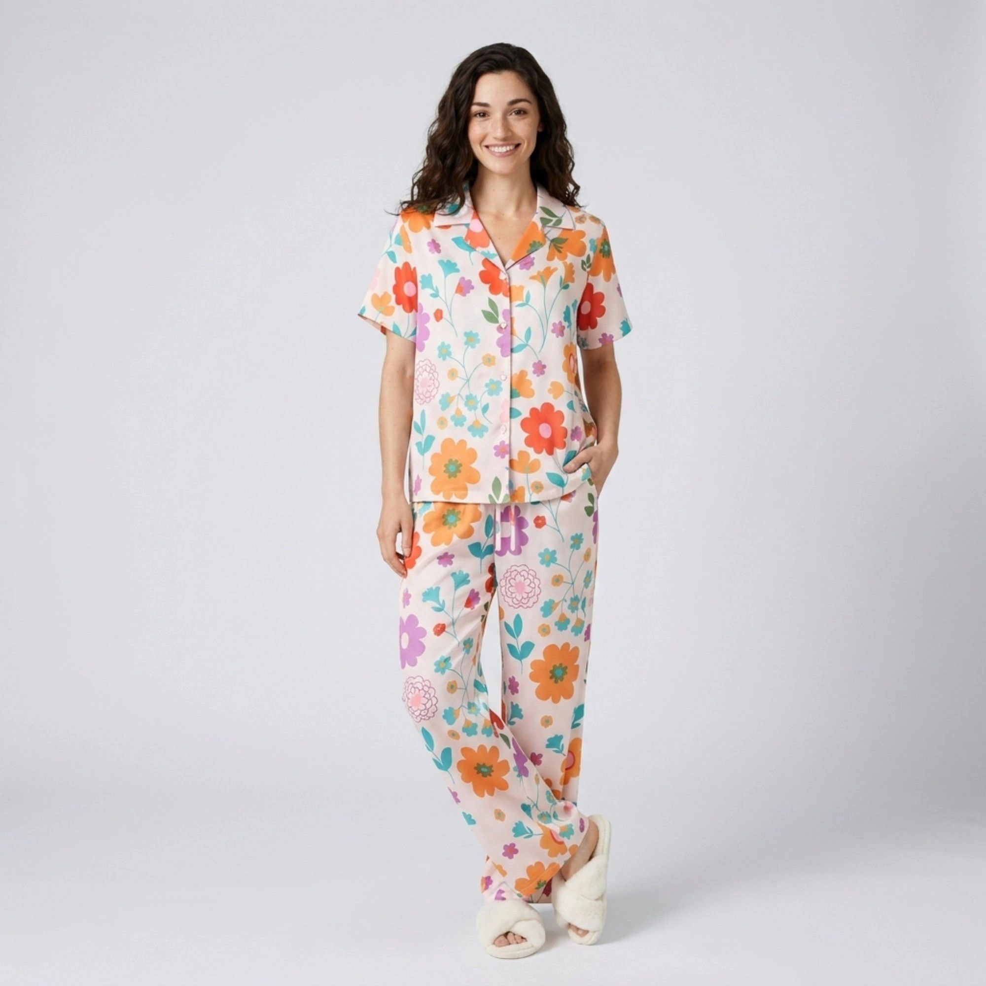Anna-Kaci Women's 2-Piece Floral Pajama Set with Short Sleeve Button Top and Wide Leg Pants