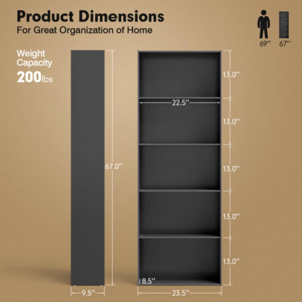 Hivvago 5-Shelf Storage Bookcase Modern Multi-Functional Display Cabinet Furniture